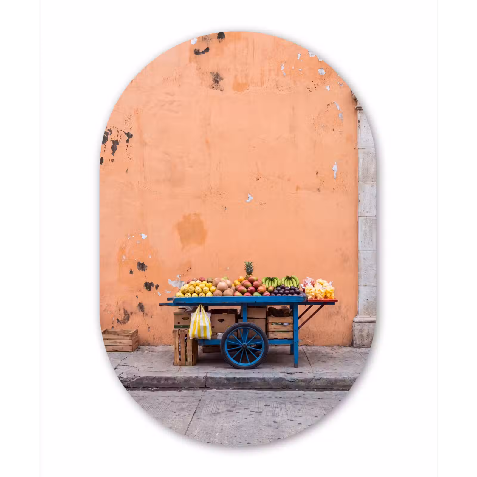 Glasbild Oval - Obst – Kar – Straße - Fruit - Kar - Straat Wandcirkel Ovaal Glas middel