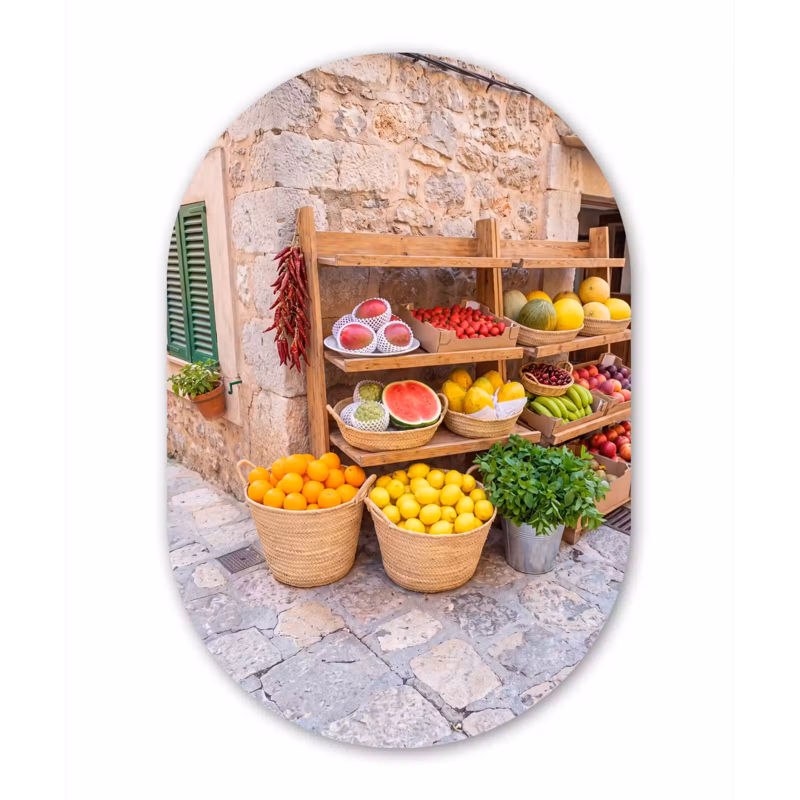 Glasbild Oval - Obst – Markt – Frisch - Fruit - Markt - Vers Wandcirkel Ovaal Glas middel