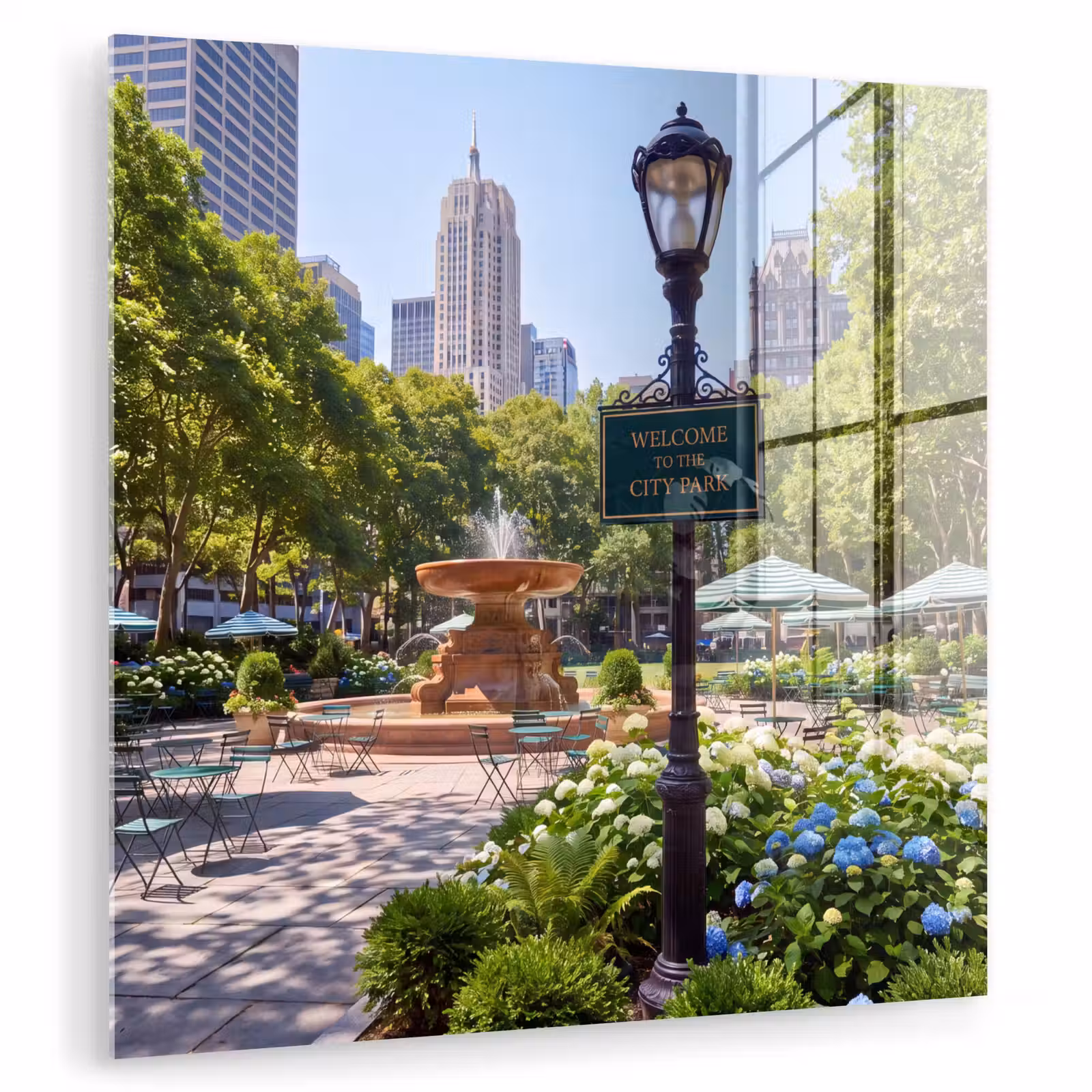 Glasbild - Park – Springbrunnen – Stadt – Natur - Park - Fontein - Stad - Natuur plexiglas 5mm klein