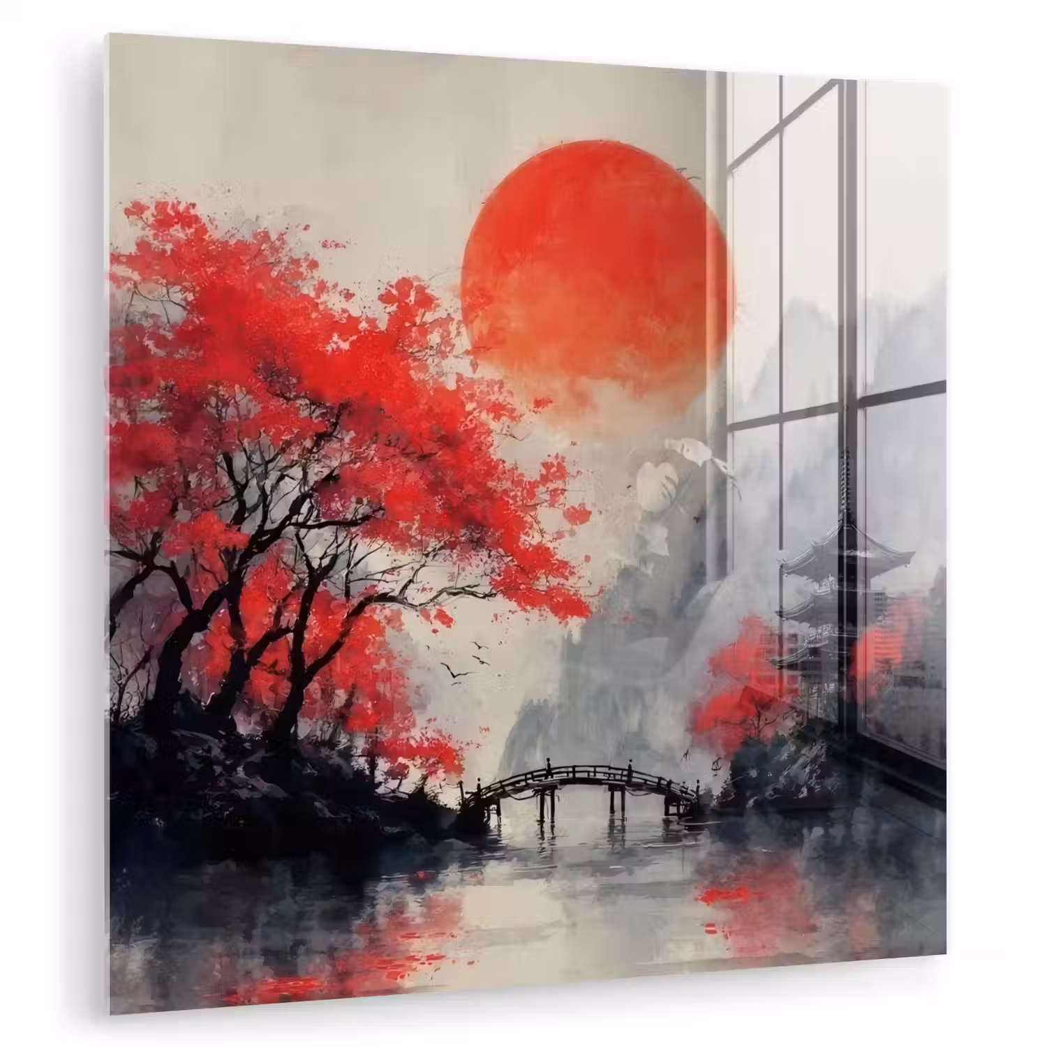 Rode zon - Rivier - brug - Bomen plexiglas 5mm klein -zzzproduct_nieuw