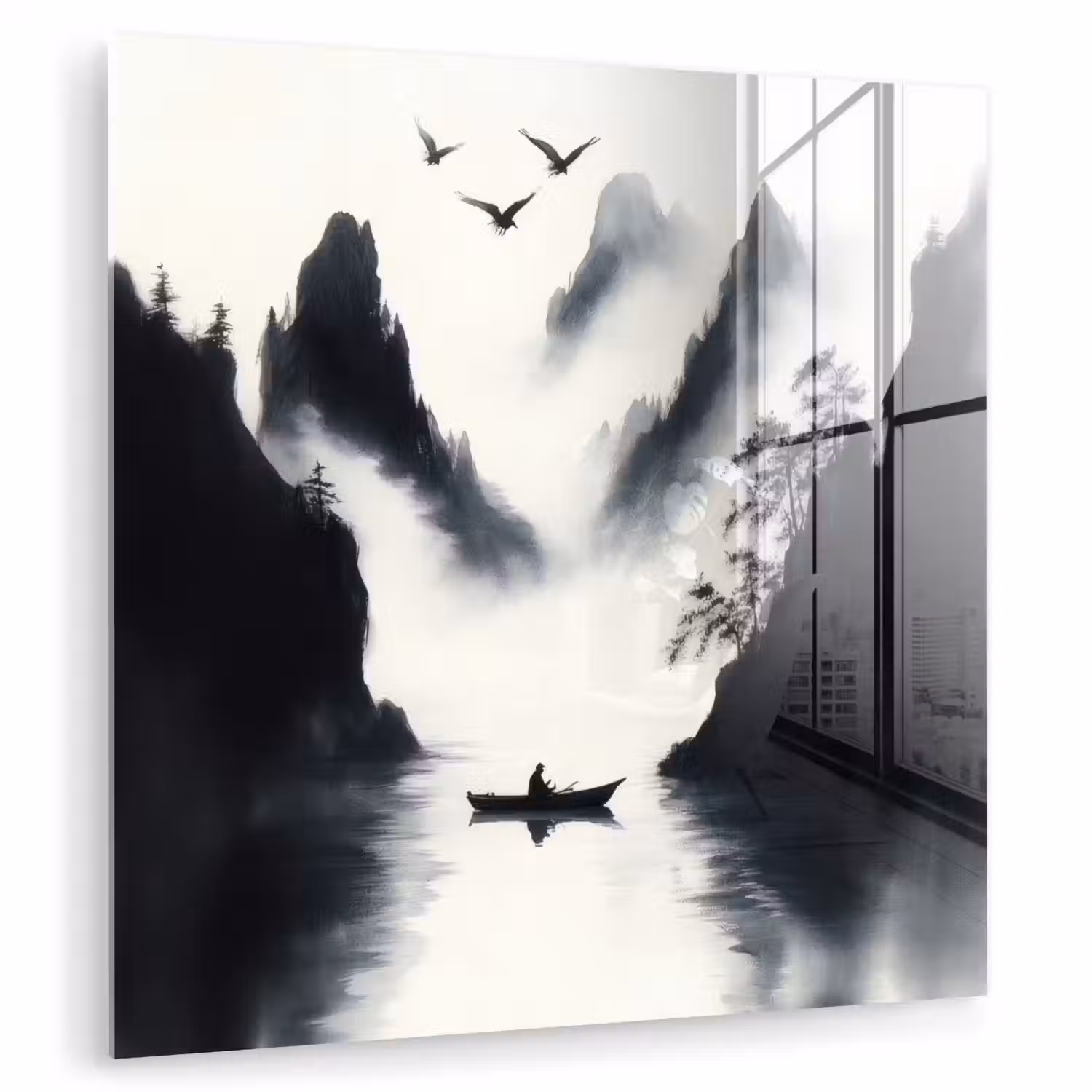 Roeiboot - Mistig - Bergen - Vogels plexiglas 5mm klein -zzzproduct_nieuw