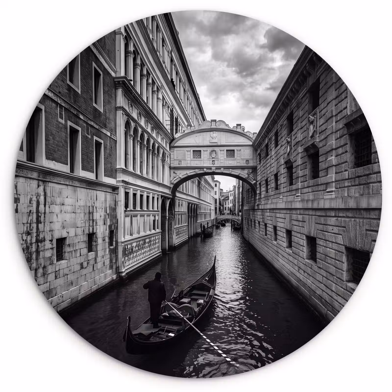 Glasbild Rund - Boot – Wasserstraße – Stadt – Schwarz-Weiß – Architektur - Boot - Waterweg - Stad - Zwart-wit - Architectuur Wandcirkel plexiglas klein