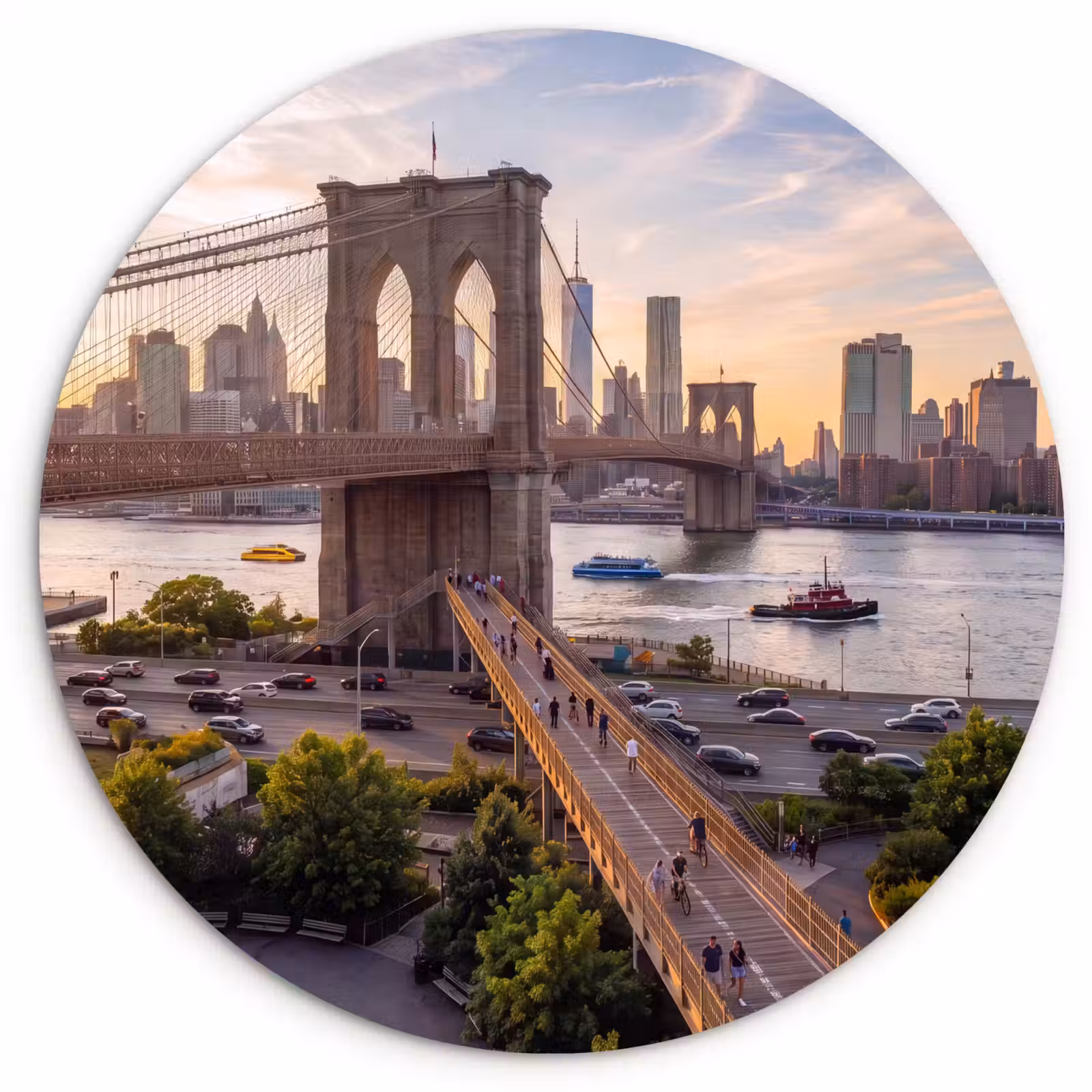 Glasbild Rund - Brücke – Fluss – Stadt – Sonnenuntergang – Architektur - Brug - Rivier - Stad - Zonsondergang - Architectuur Wandcirkel plexiglas klein