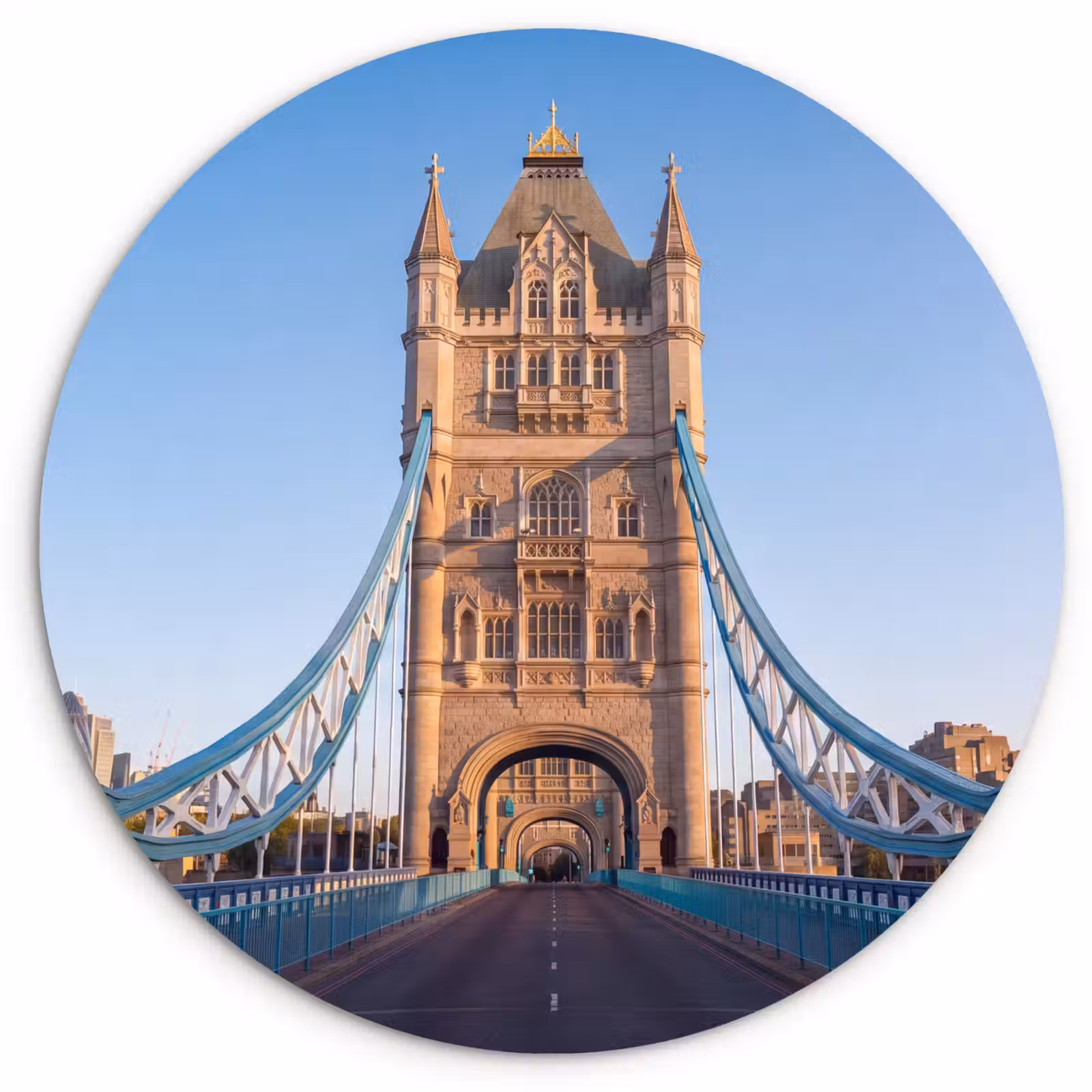 Glasbild Rund - Brücke – Turm – Architektur – Klassisch – Blau - Brug - Toren - Architectuur - Klassiek - Blauw Wandcirkel plexiglas klein
