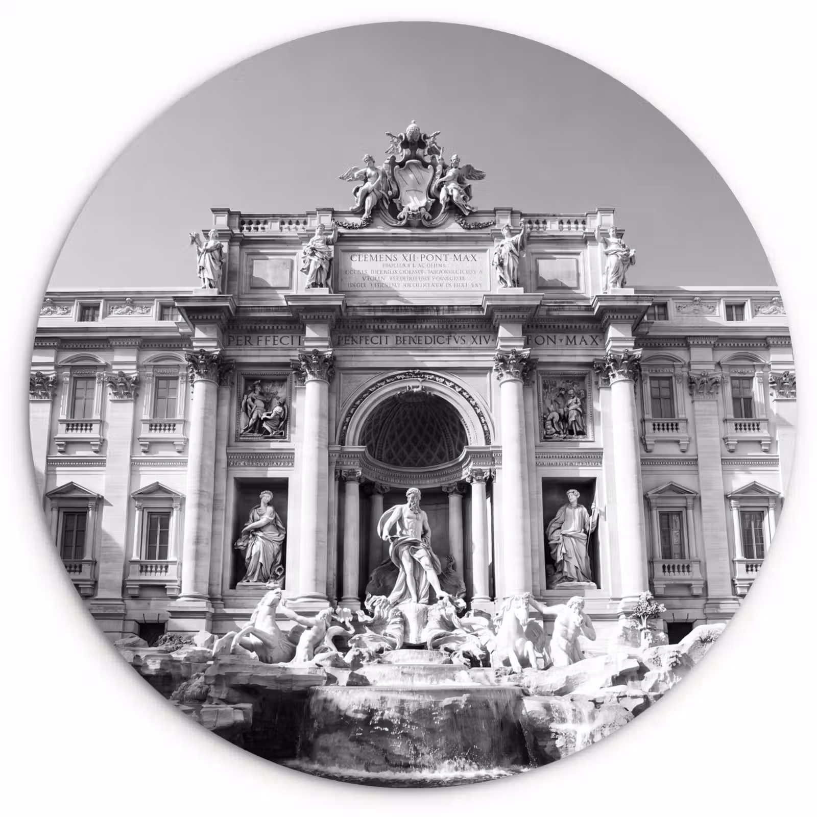 Glasbild Rund - Brunnen – Skulpturen – Architektur – Schwarz-Weiß — 1