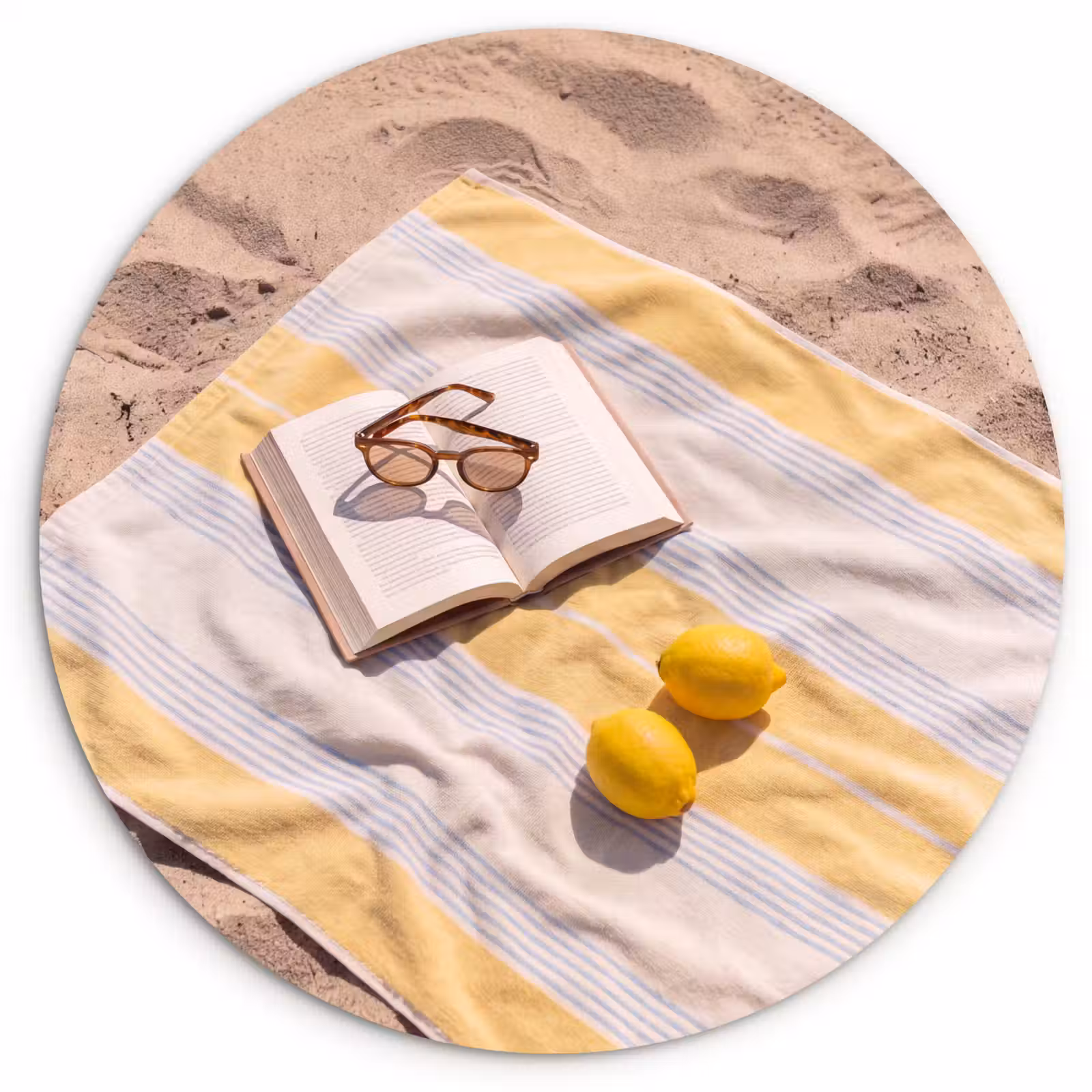 Glasbild Rund - Buch – Sonnenbrille – Strand – Sommer – Gelb - Boek - Zonnebril - Strand - Zomer - Geel Wandcirkel plexiglas klein