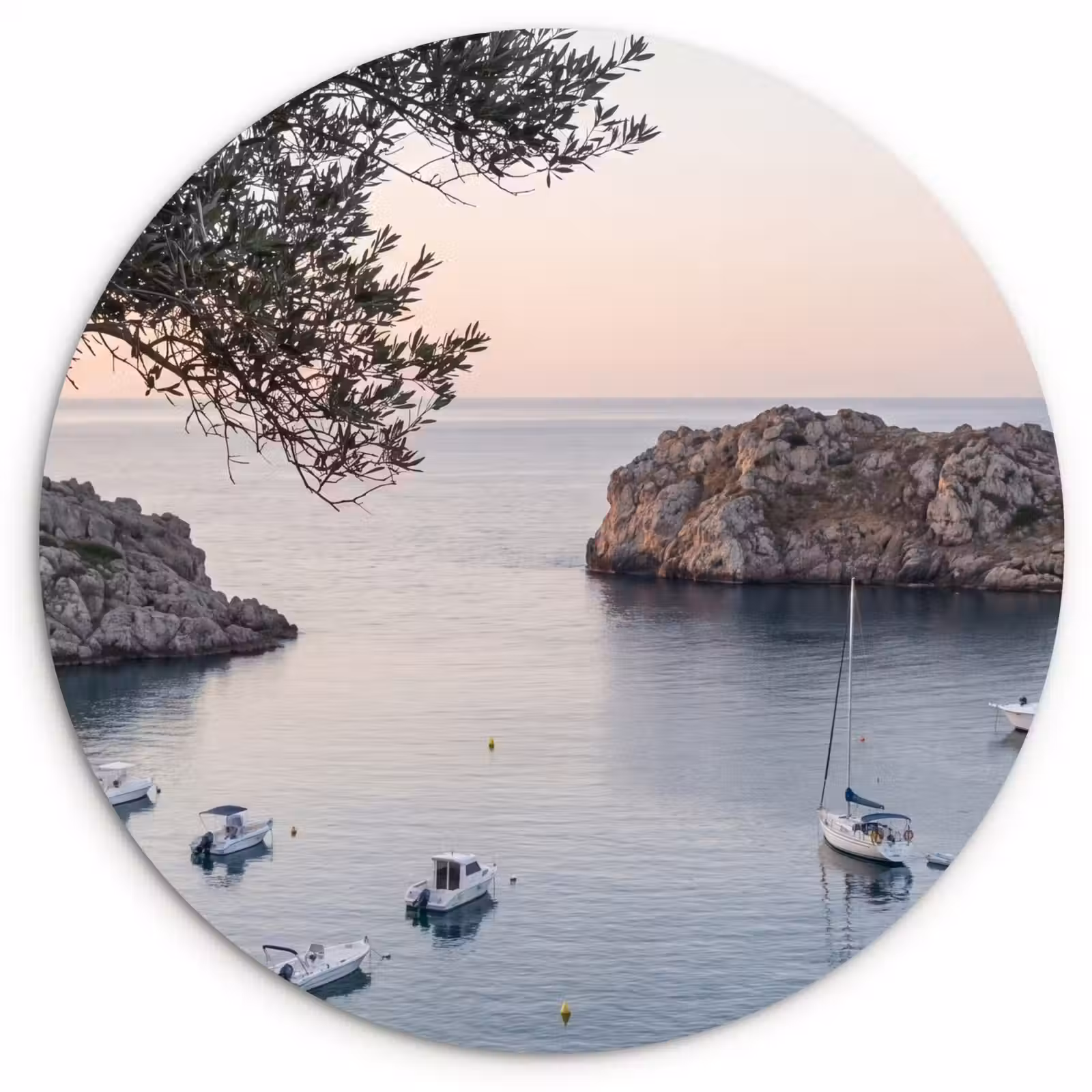 Glasbild Rund - Bucht – Boote – Sonnenuntergang - Baai - boten - zonsondergang Wandcirkel plexiglas klein