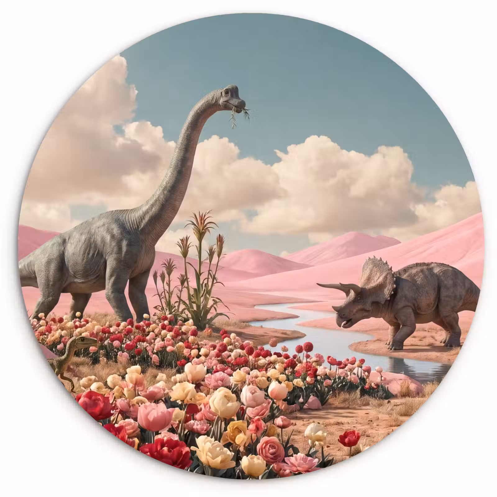 Glasbild Rund - Dinosaurier – Rosa – Landschaft - Dinosaurus - Roze - Landschap Wandcirkel plexiglas klein