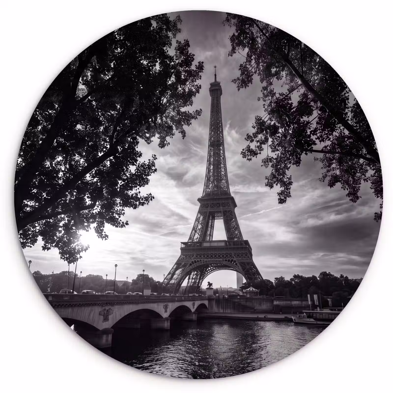 Glasbild Rund - Eiffelturm – Paris – Fluss – Architektur – Schwarz-Weiß - Eiffeltoren - Parijs - Rivier - Architectuur - Zwart-wit Wandcirkel plexiglas klein