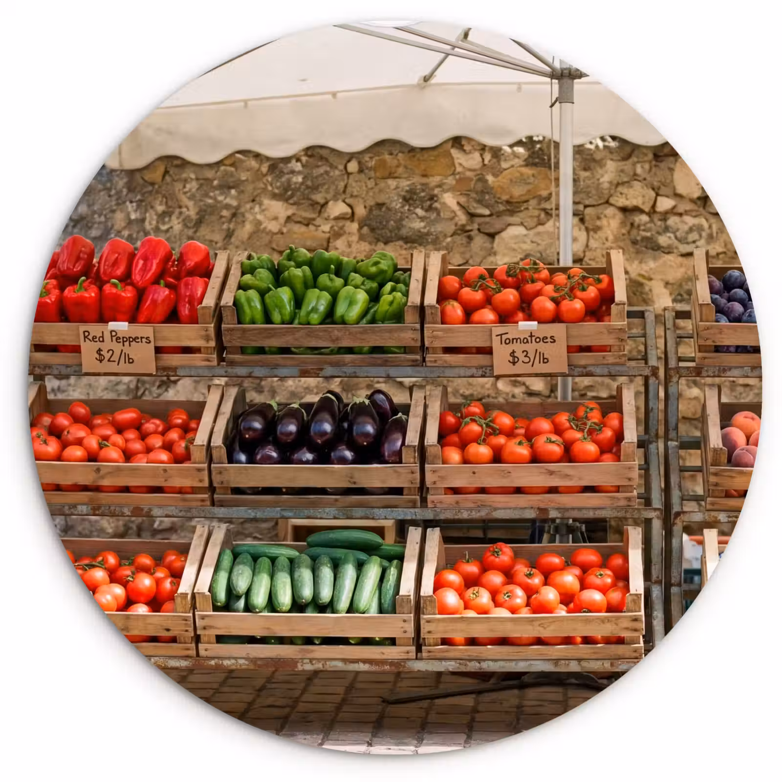 Glasbild Rund - Essen – Markt – Frisch - Eten - Markt - Vers Wandcirkel plexiglas klein