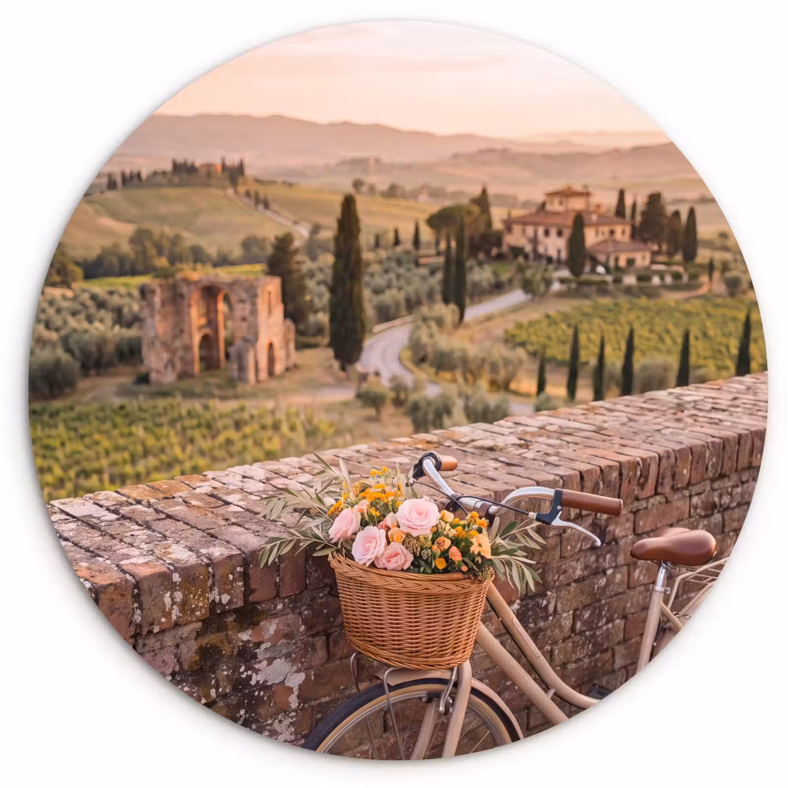 Glasbild Rund - Fahrrad – Blumen – Toskana – Landschaft – Rosa - Fiets - Bloemen - Toscane - Landschap - Roze Wandcirkel plexiglas klein