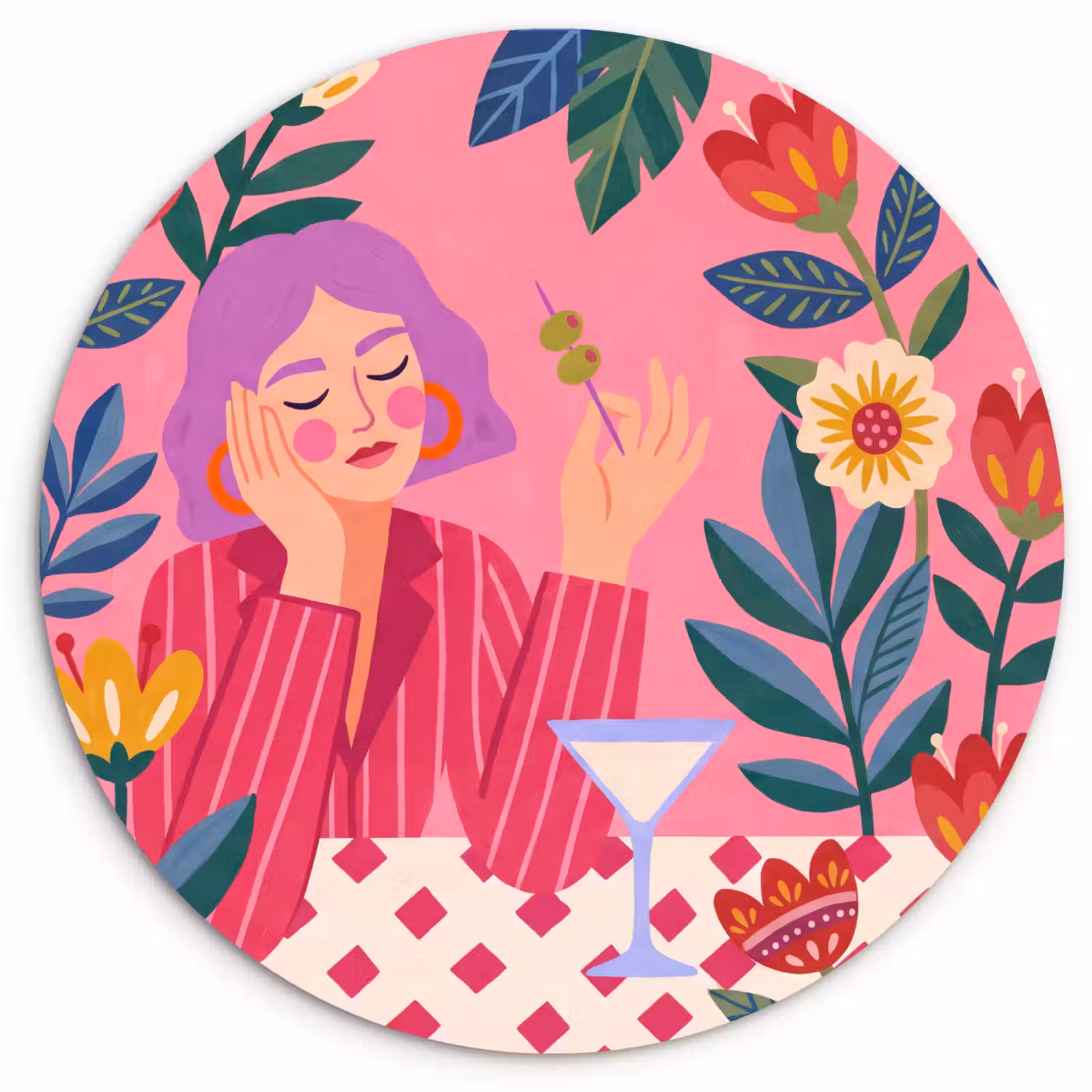 Glasbild Rund - Frau – Cocktail – Blumen – Modern – Rosa - Vrouw - Cocktail - Bloemen - Modern - Roze Wandcirkel plexiglas klein