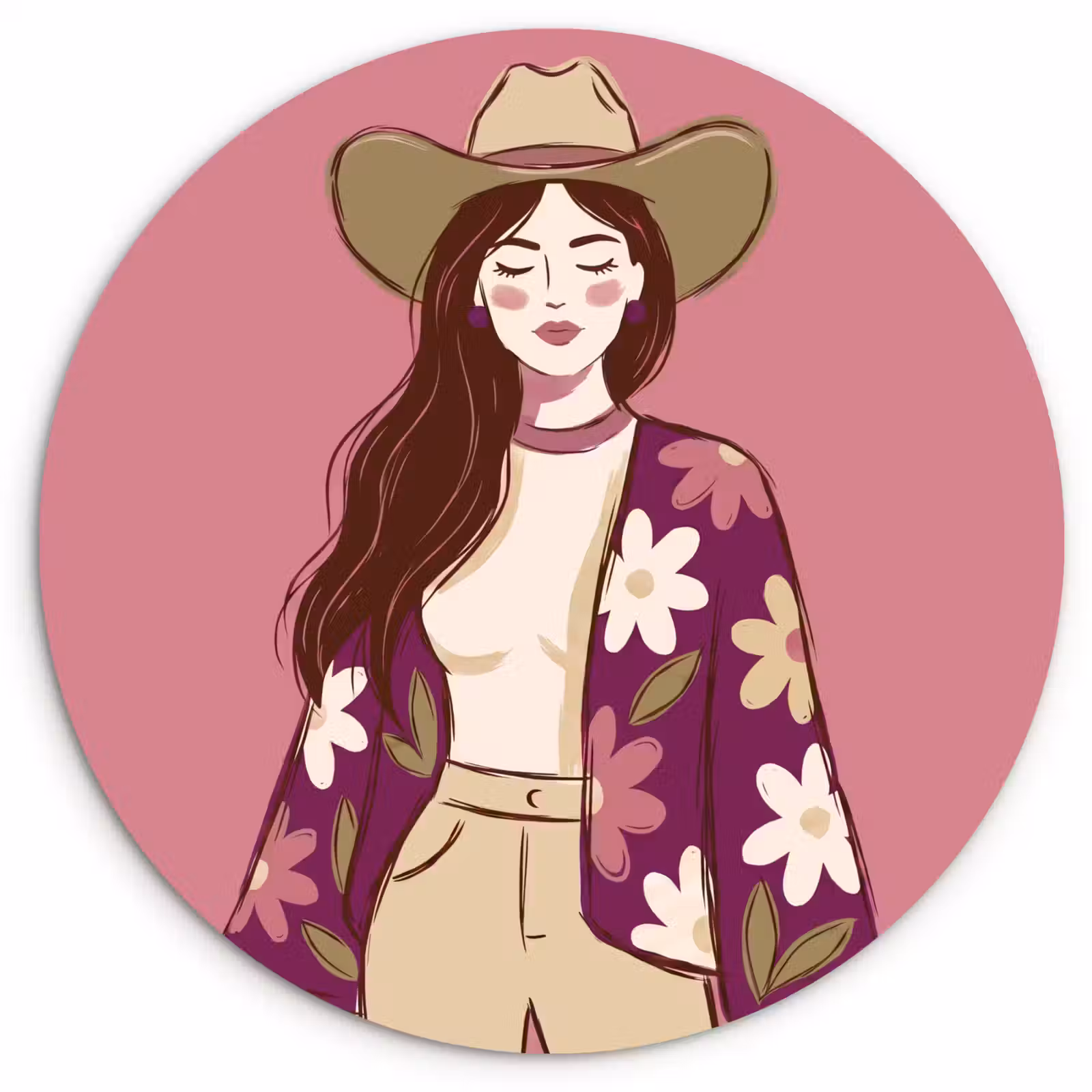 Glasbild Rund - Frau – Hut – Porträt – Illustration – Rosa - Vrouw - Hoed - Portret - Illustratie - Roze Wandcirkel plexiglas klein