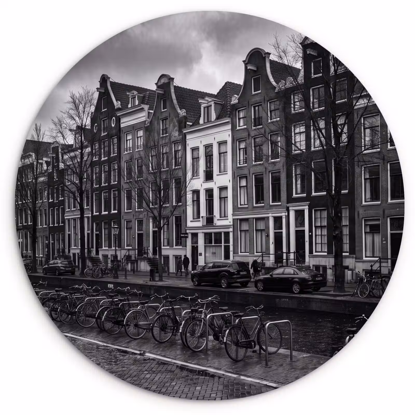 Glasbild Rund - Haus – Kanal – Amsterdam – Architektur – Schwarz-Weiß - Huis - Gracht - Amsterdam - Architectuur - Zwart-wit Wandcirkel plexiglas klein