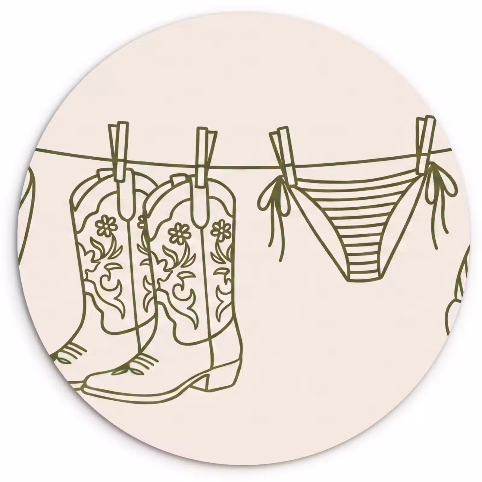 Glasbild Rund - Kleidung – Wäscheleine – Sommer – Strichzeichnung – Grün - Kleding - Waslijn - Zomer - Lijntekening - Groen Wandcirkel plexiglas klein