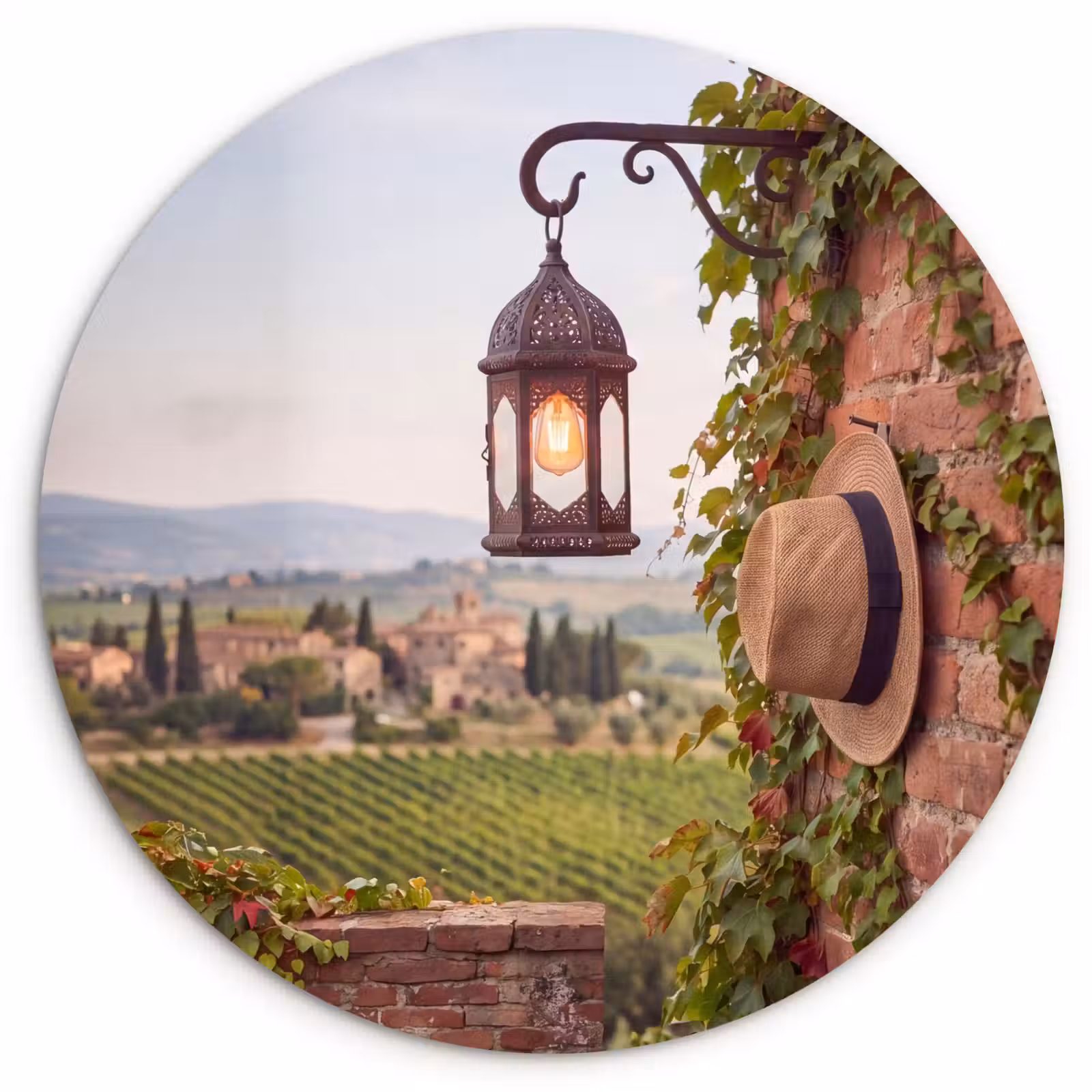 Glasbild Rund - Laterne – Weinberg – Landschaft – Italienisch - Lantaarn - Wijngaard - Landschap - Italiaans Wandcirkel plexiglas klein