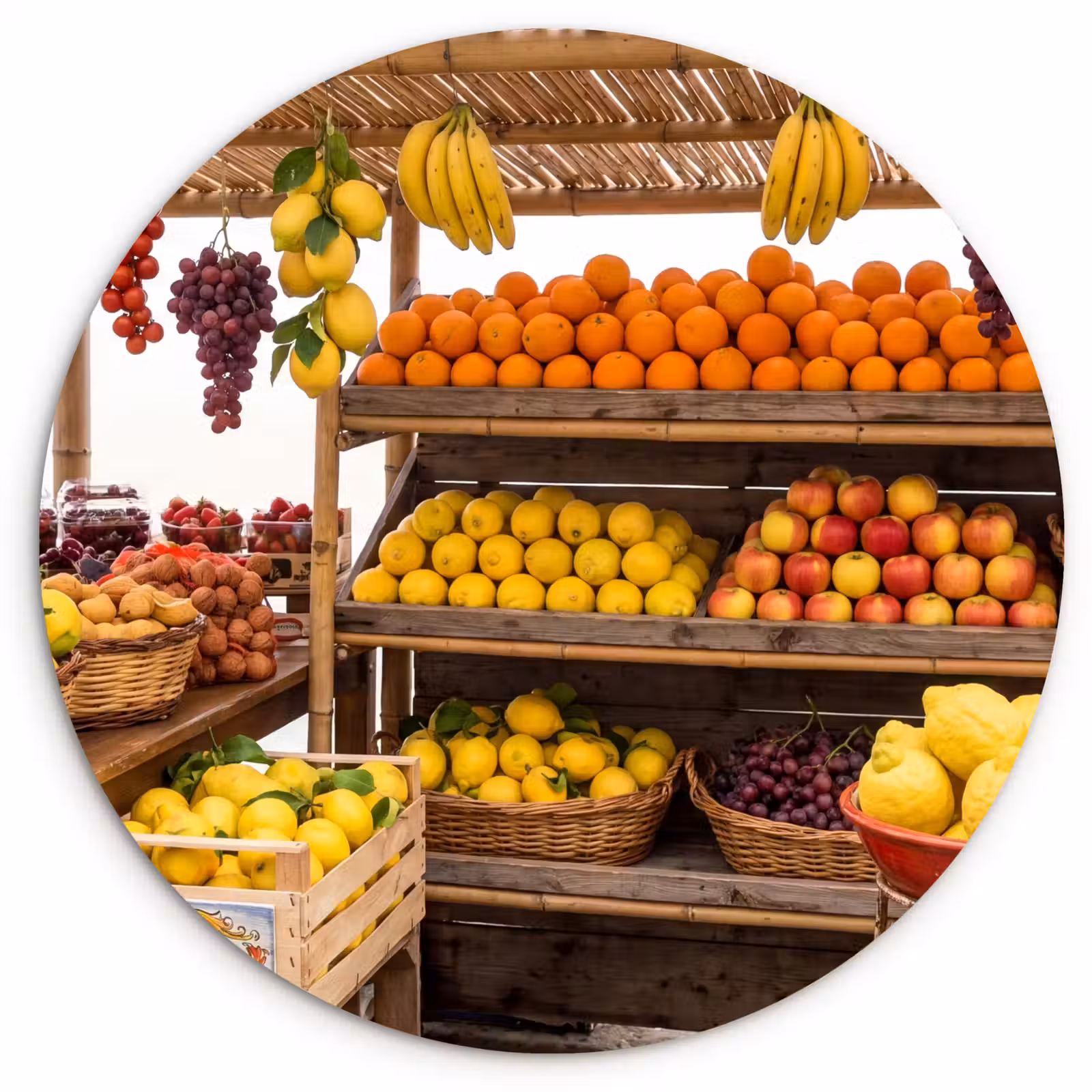 Glasbild Rund - Marktstand – Obst – Frisch - Marktkraam - Fruit - Vers Wandcirkel plexiglas klein