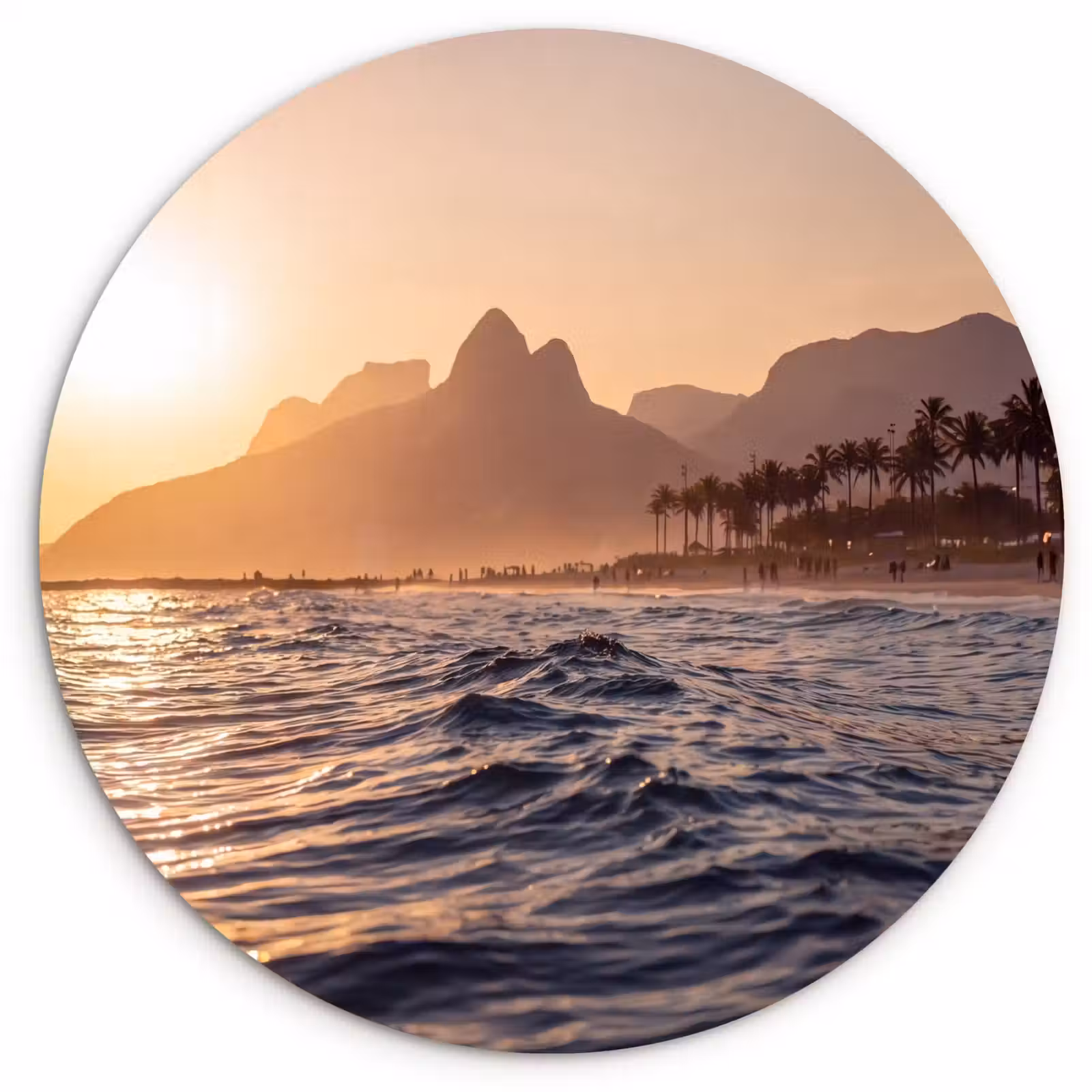 Glasbild Rund - Meer – Wellen – Sonnenuntergang – Küste – Gold - Zee - Golven - Zonsondergang - Kust - Goud Wandcirkel plexiglas klein