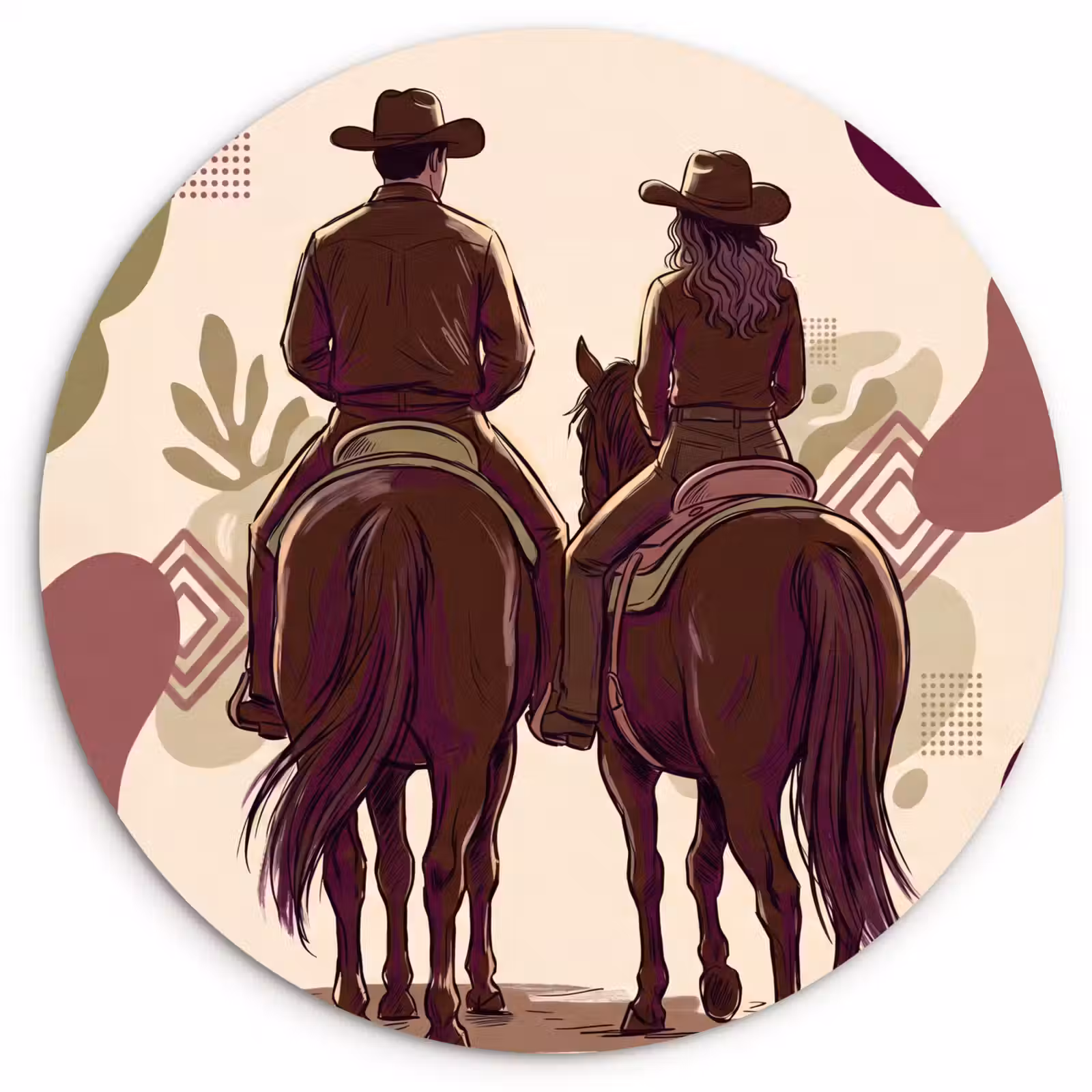 Glasbild Rund - Menschen – Reiter – Western – Illustration – Braun - Mensen - Ruiters - Western - Illustratie - Bruin Wandcirkel plexiglas klein