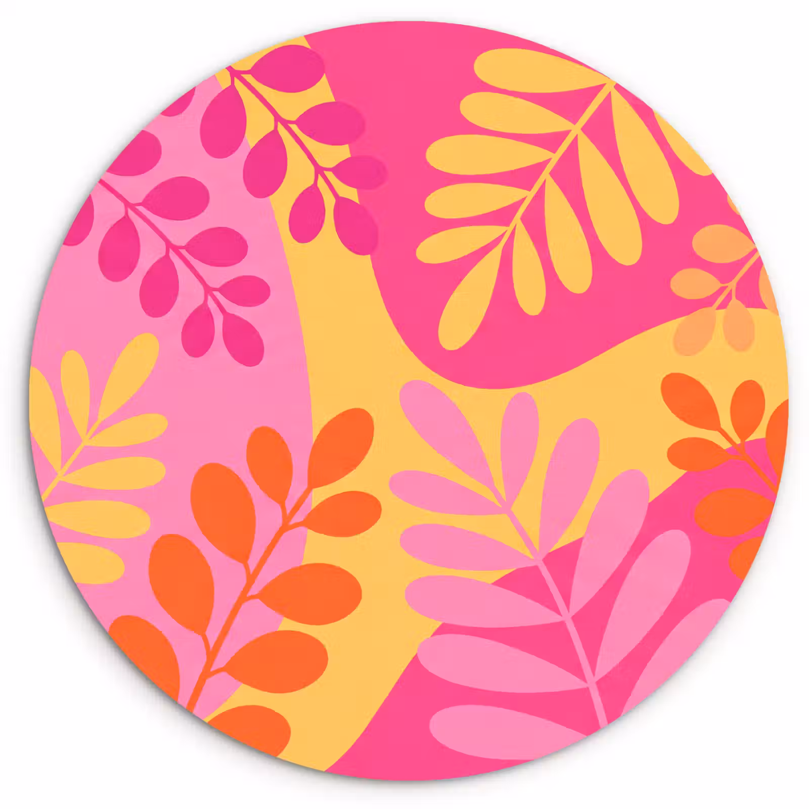 Glasbild Rund - Natur – Blätter – Abstrakt – Rosa – Gelb - Natuur - Bladeren - Abstract - Roze - Geel Wandcirkel plexiglas klein