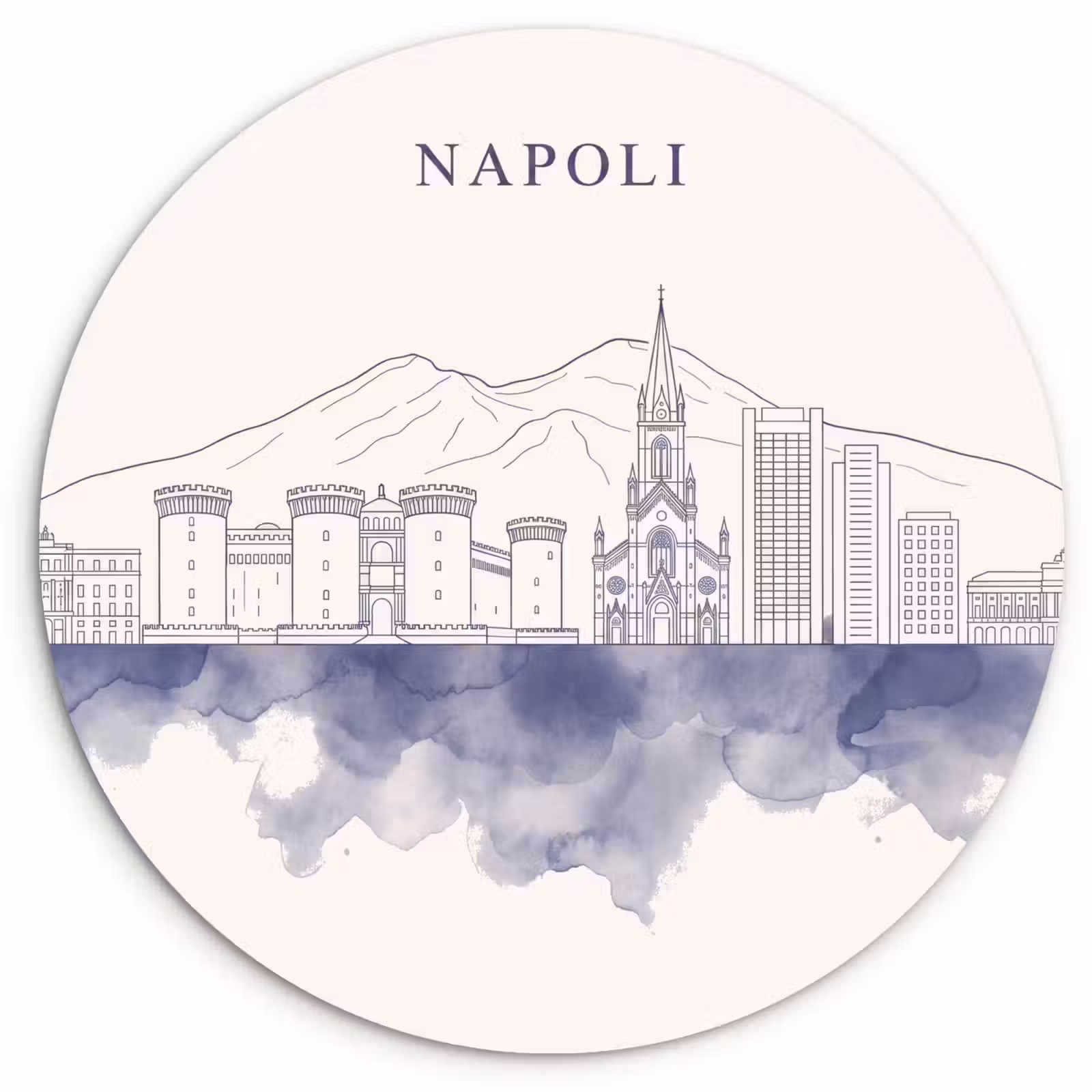 Glasbild Rund - Neapel – Skyline – Italien – Strichzeichnung – Aquarell - Napels - Skyline - Italie - Lijntekening - Aquarel Wandcirkel plexiglas klein