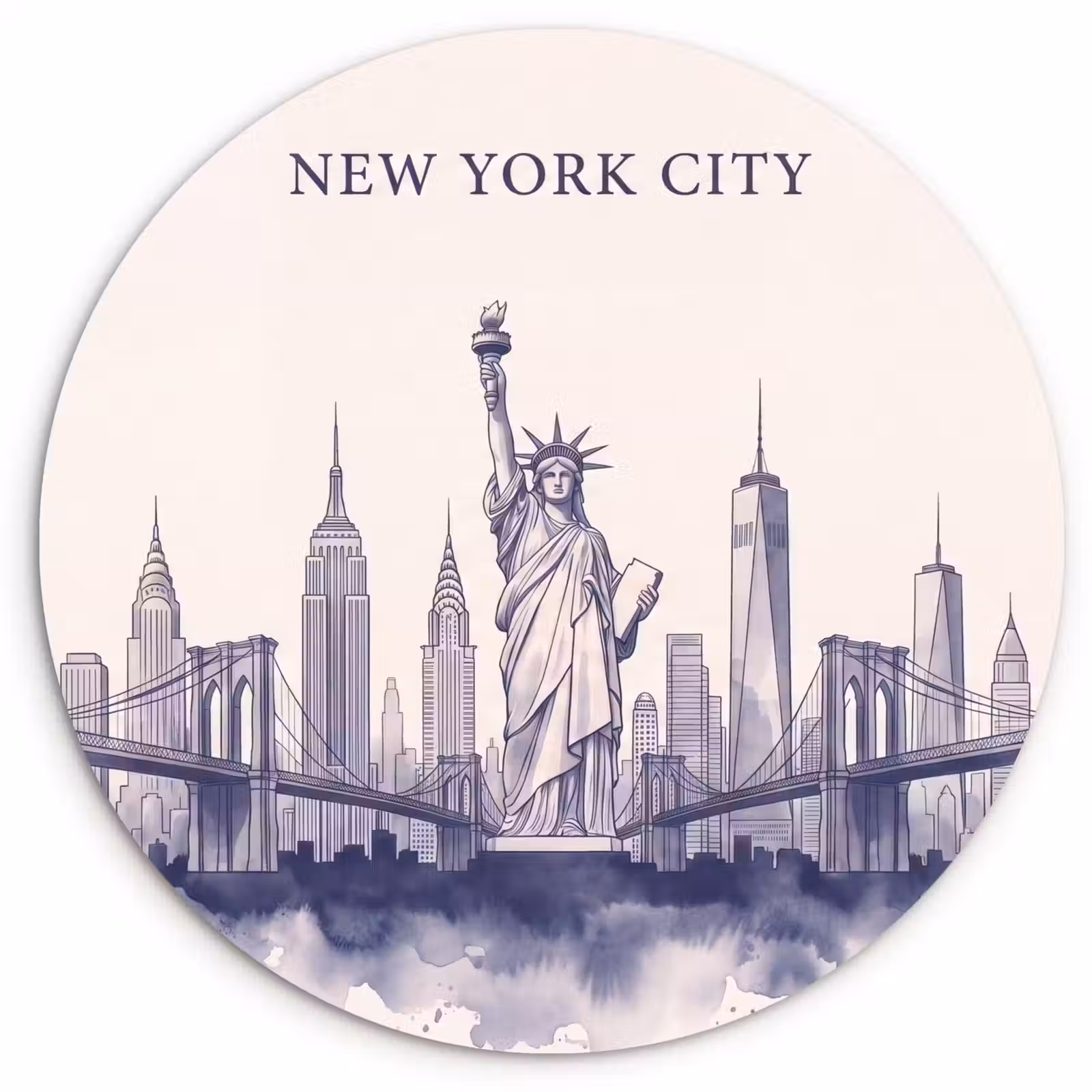 Glasbild Rund - New York – Freiheitsstatue – Skyline – Illustration – Blau — 1