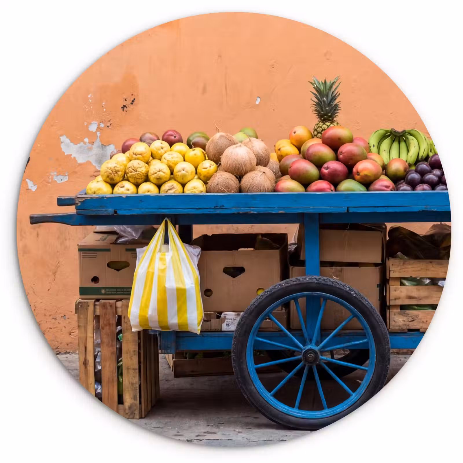 Glasbild Rund - Obst – Kar – Straße - Fruit - Kar - Straat Wandcirkel plexiglas klein