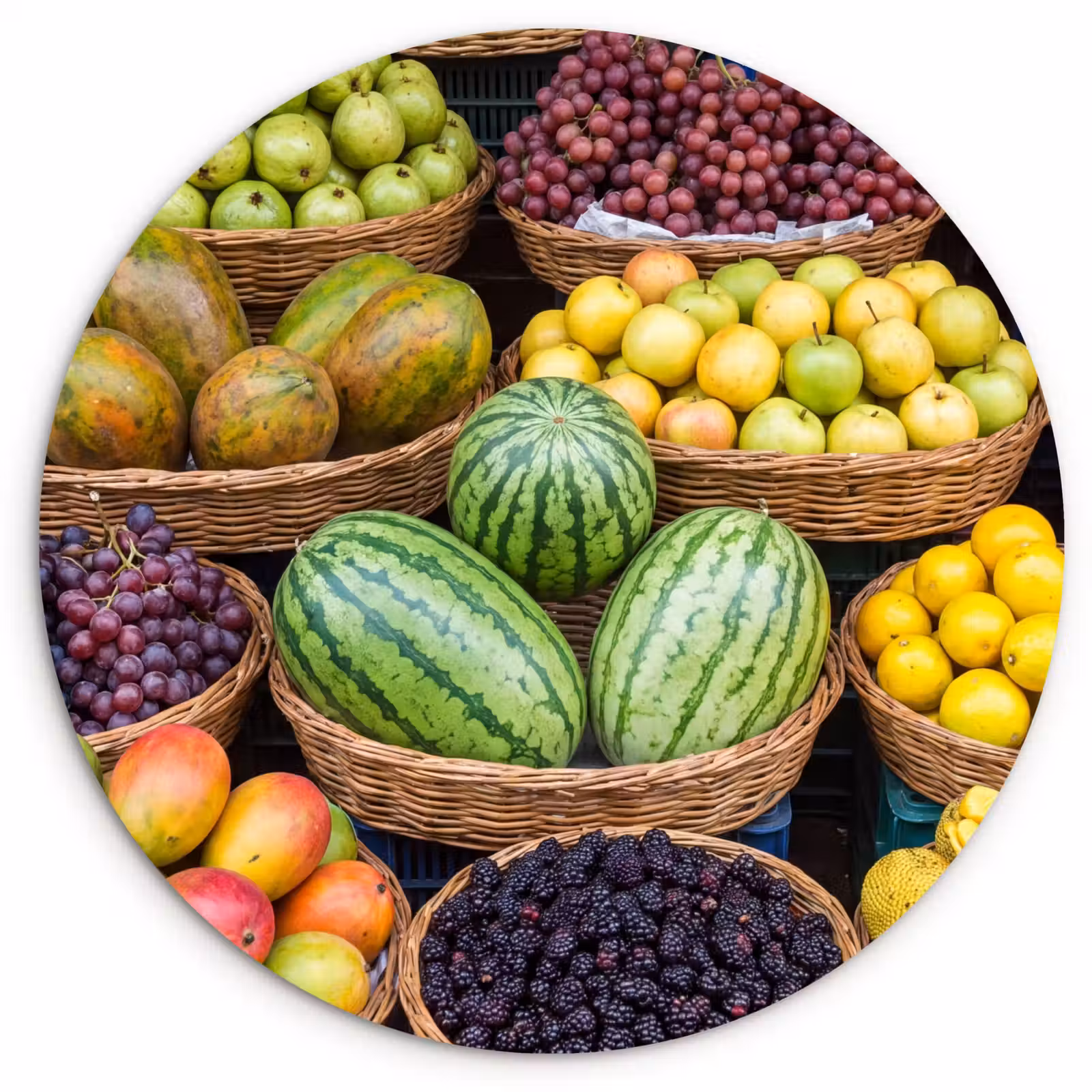 Glasbild Rund - Obst – Markt – Bunt - Fruit - Markt - Kleurrijk Wandcirkel plexiglas klein