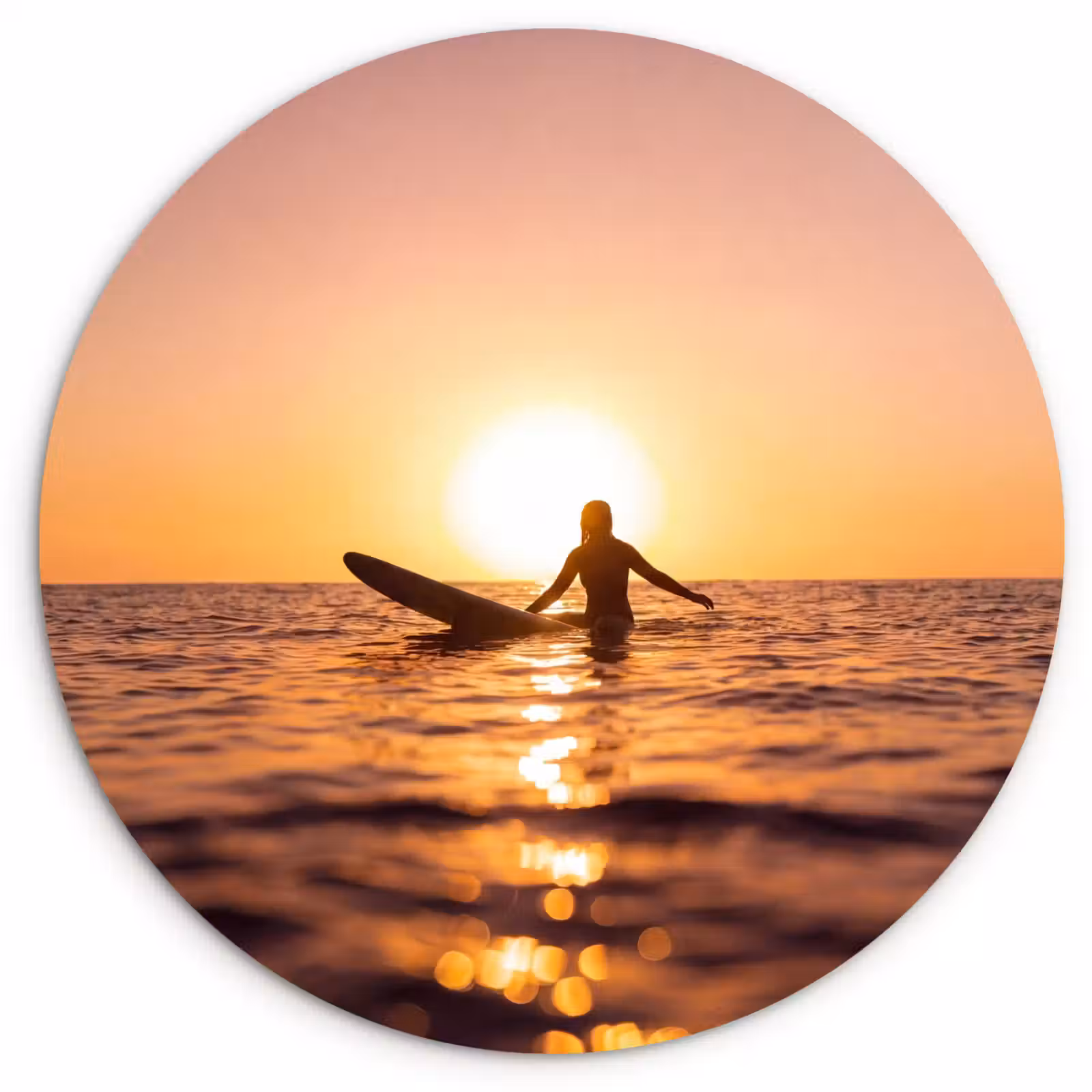 Glasbild Rund - Person – Surfen – Sonnenuntergang – Meer – Orange - Persoon - Surfen - Zonsondergang - Zee - Oranje Wandcirkel plexiglas klein