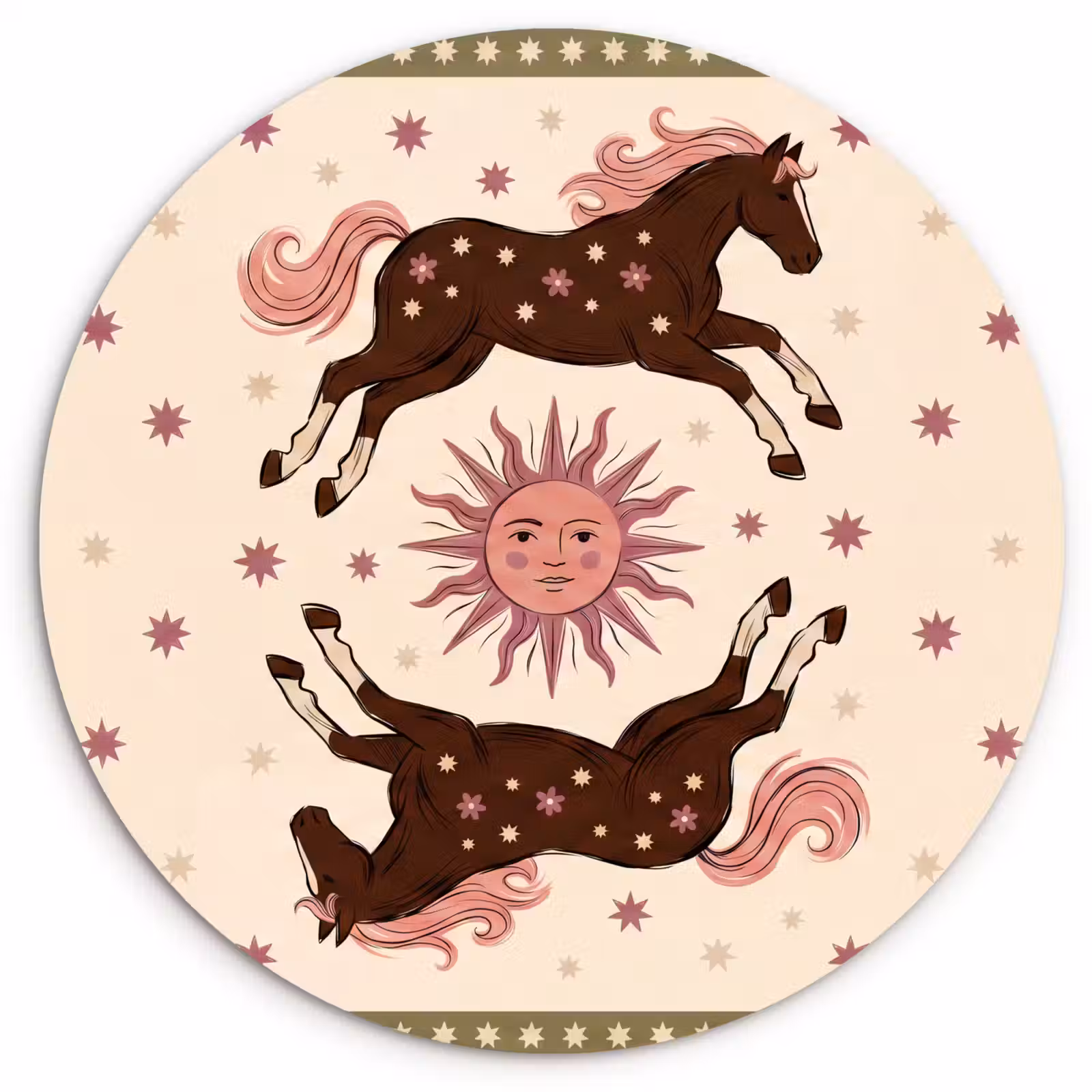 Glasbild Rund - Pferd – Sonne – Mystik – Illustration – Rosa - Paard - Zon - Mystiek - Illustratie - Roze Wandcirkel plexiglas klein