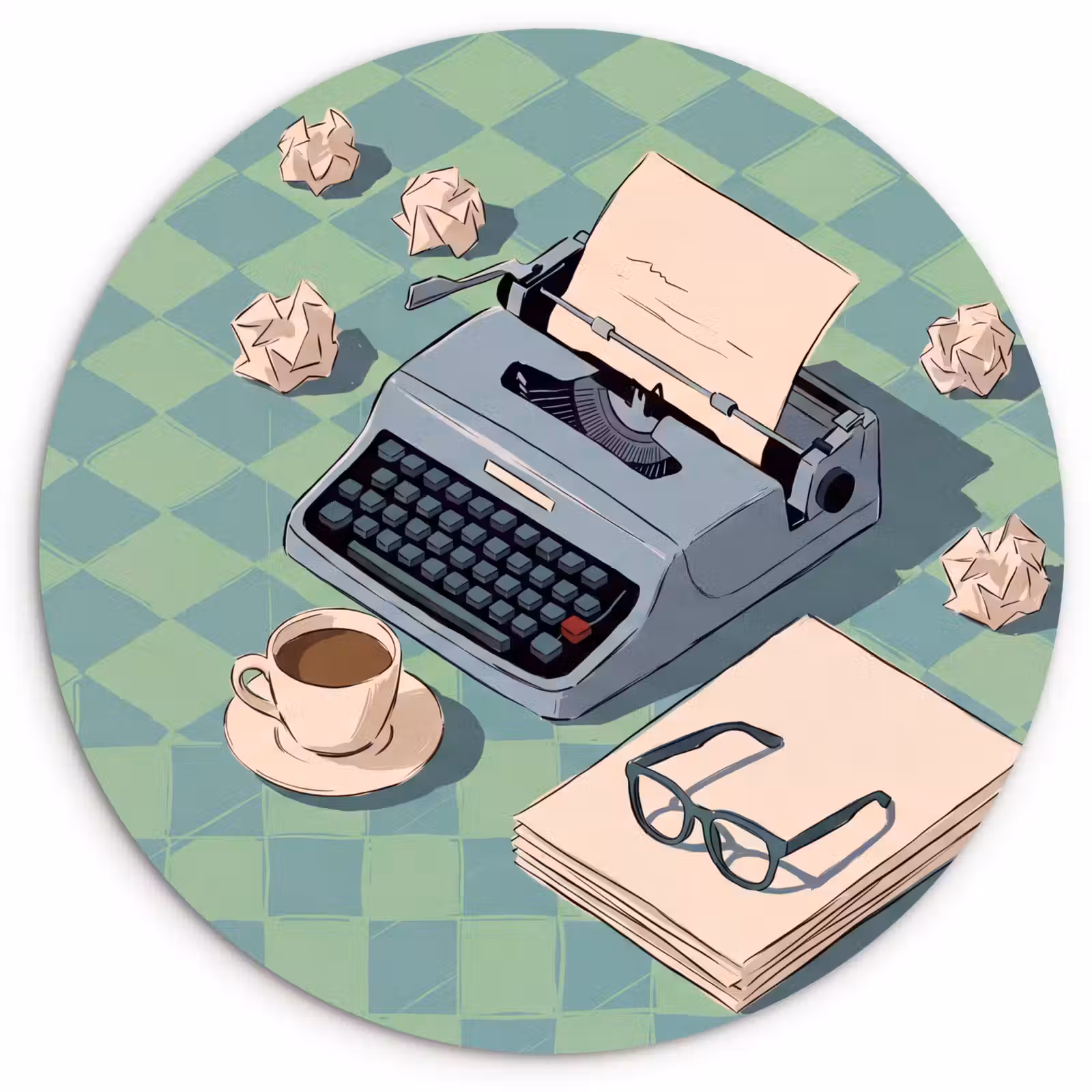 Glasbild Rund - Schreibmaschine – Büro – Vintage – Illustration – Grün - Typemachine - Kantoor - Vintage - Illustratie - Groen Wandcirkel plexiglas klein