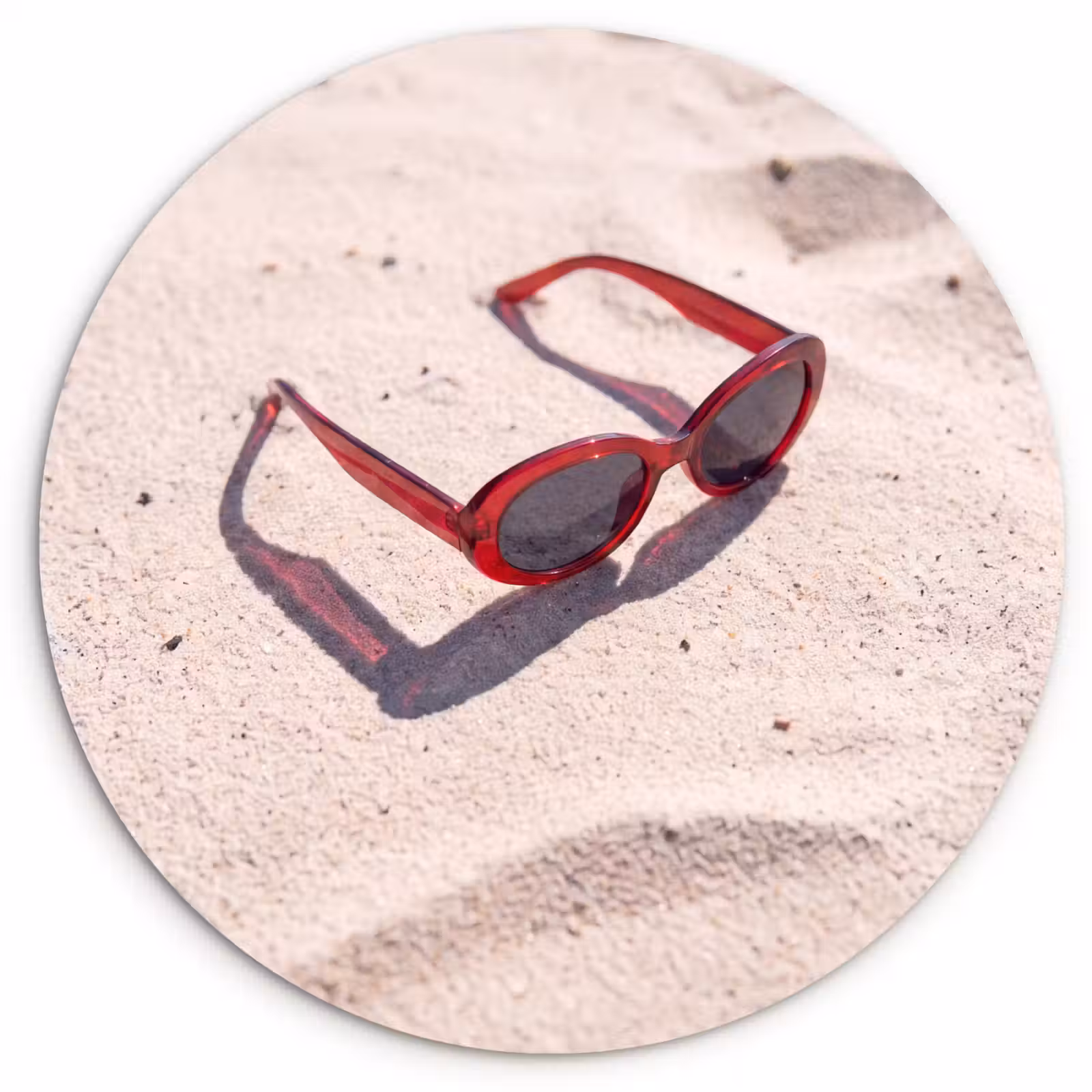 Glasbild Rund - Sonnenbrille – Strand – Urlaub – Rot - Zonnebril - Strand - Vakantie - Rood Wandcirkel plexiglas klein