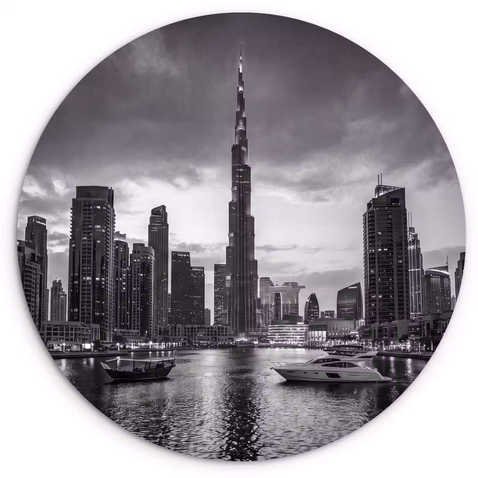 Glasbild Rund - Stadt – Skyline – Architektur – Abend – Schwarz-Weiß - Stad - Skyline - Architectuur - Avond - Zwart-wit Wandcirkel plexiglas klein