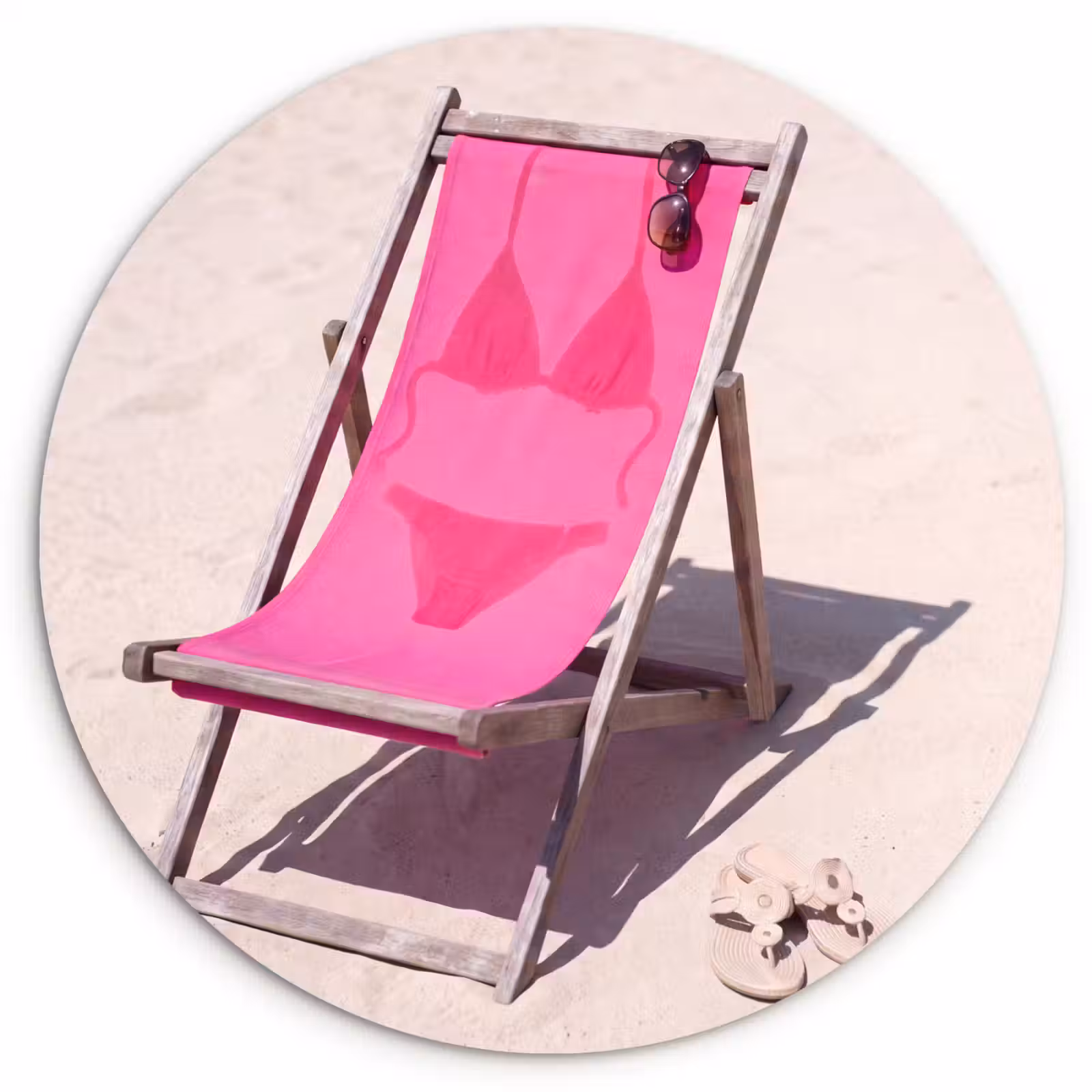Glasbild Rund - Strand – Liegestuhl – Bademode – Sommer – Rosa - Strand - Ligstoel - Badkleding - Zomer - Roze Wandcirkel plexiglas klein