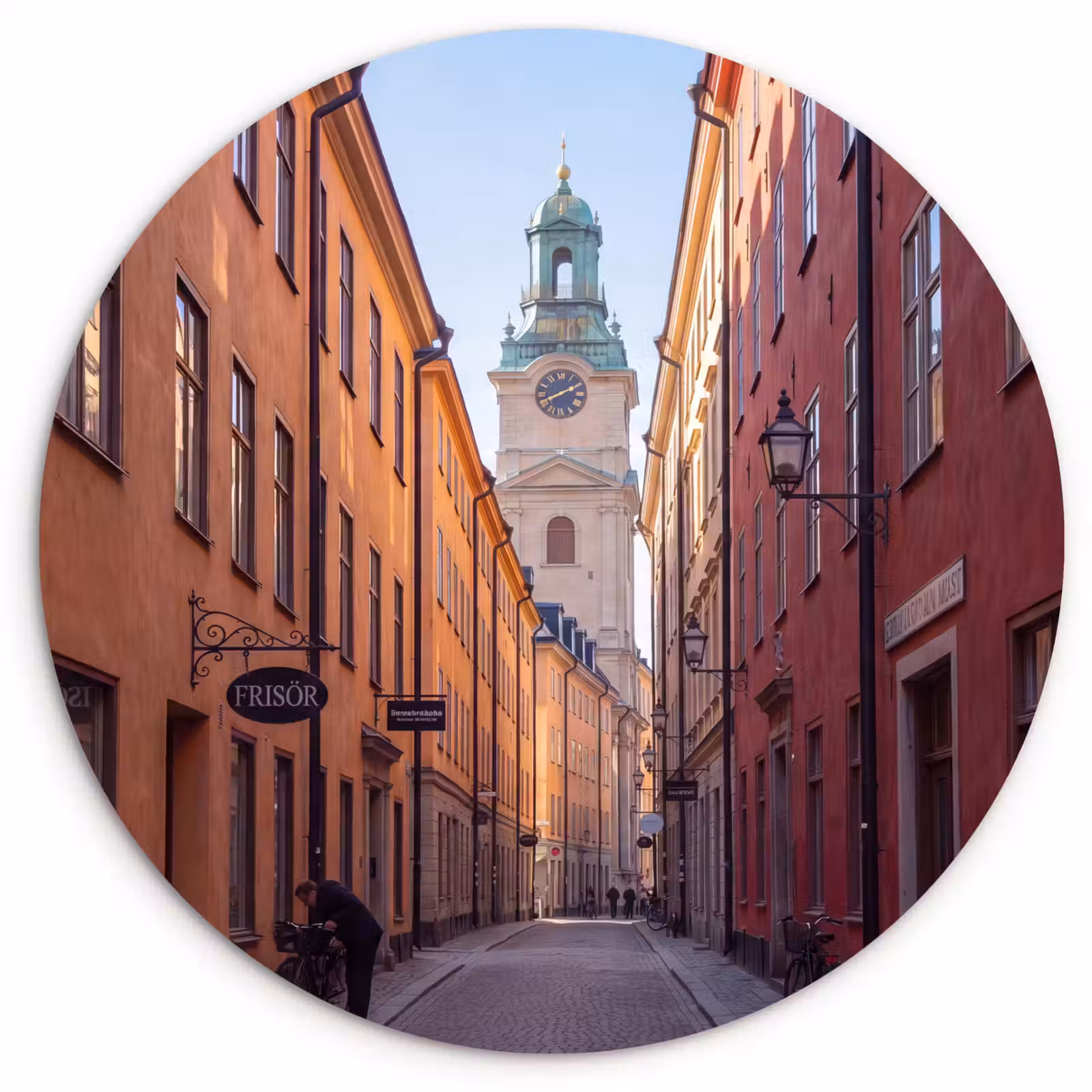 Glasbild Rund - Straße – Glockenturm – Stadt – Architektur – Historisch - Straat - Klokkentoren - Stad - Architectuur - Historisch Wandcirkel plexiglas klein