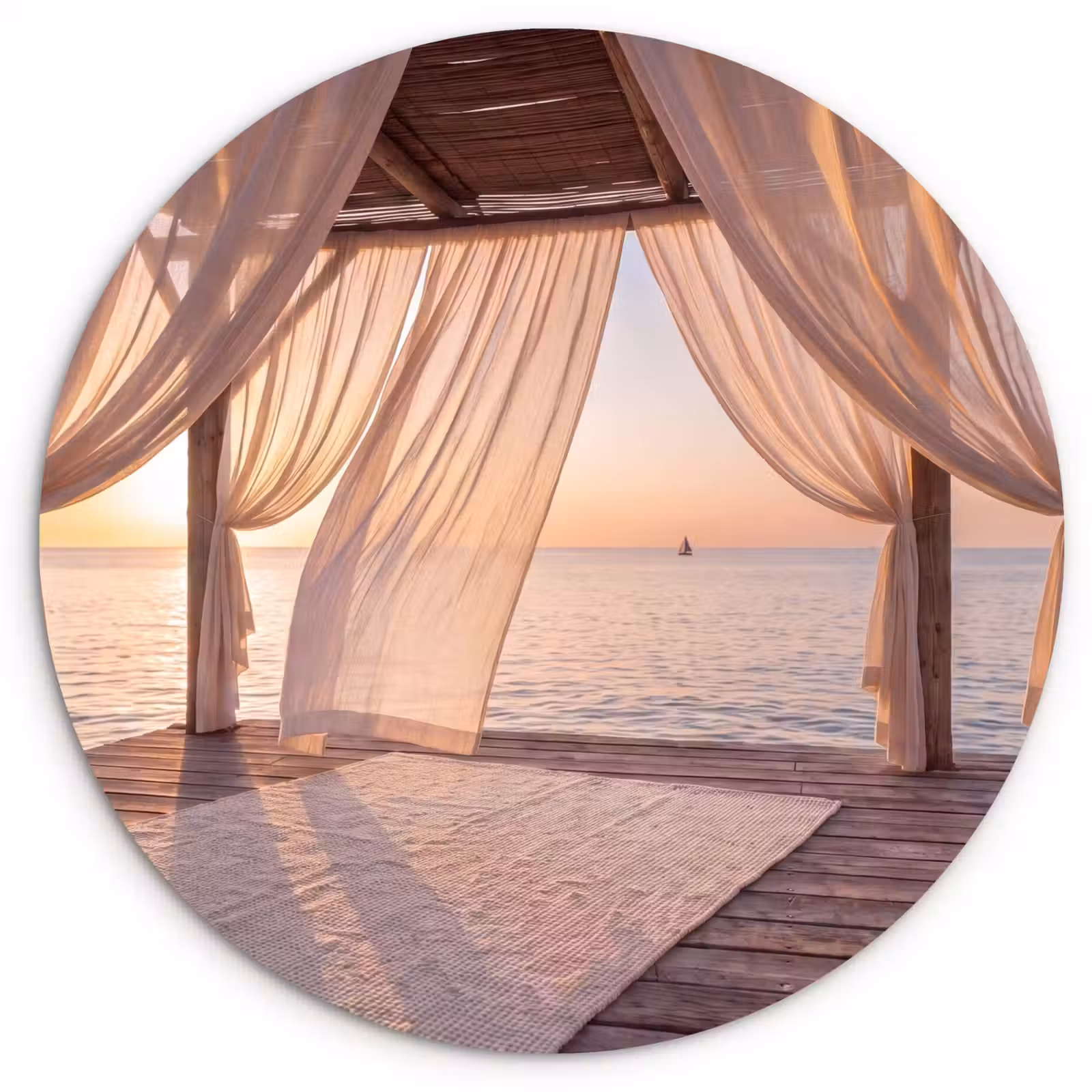 Glasbild Rund - Überdachung – Meer – Sonnenuntergang – Urlaub – Ruhe - Overkapping - Zee - Zonsondergang - Vakantie - Rust Wandcirkel plexiglas klein