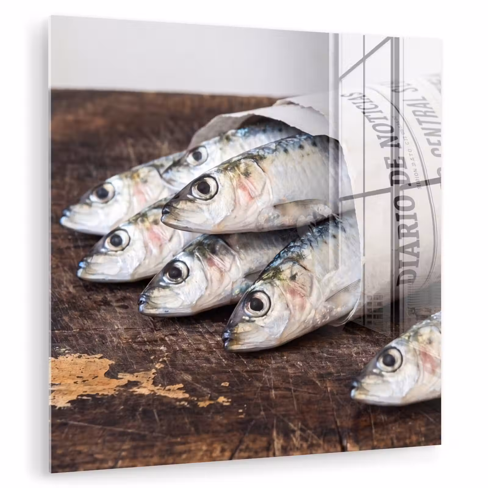 Glasbild - Sardine – Zeitung – Schneidebrett - Sardientje - krant - snijplank plexiglas 5mm klein