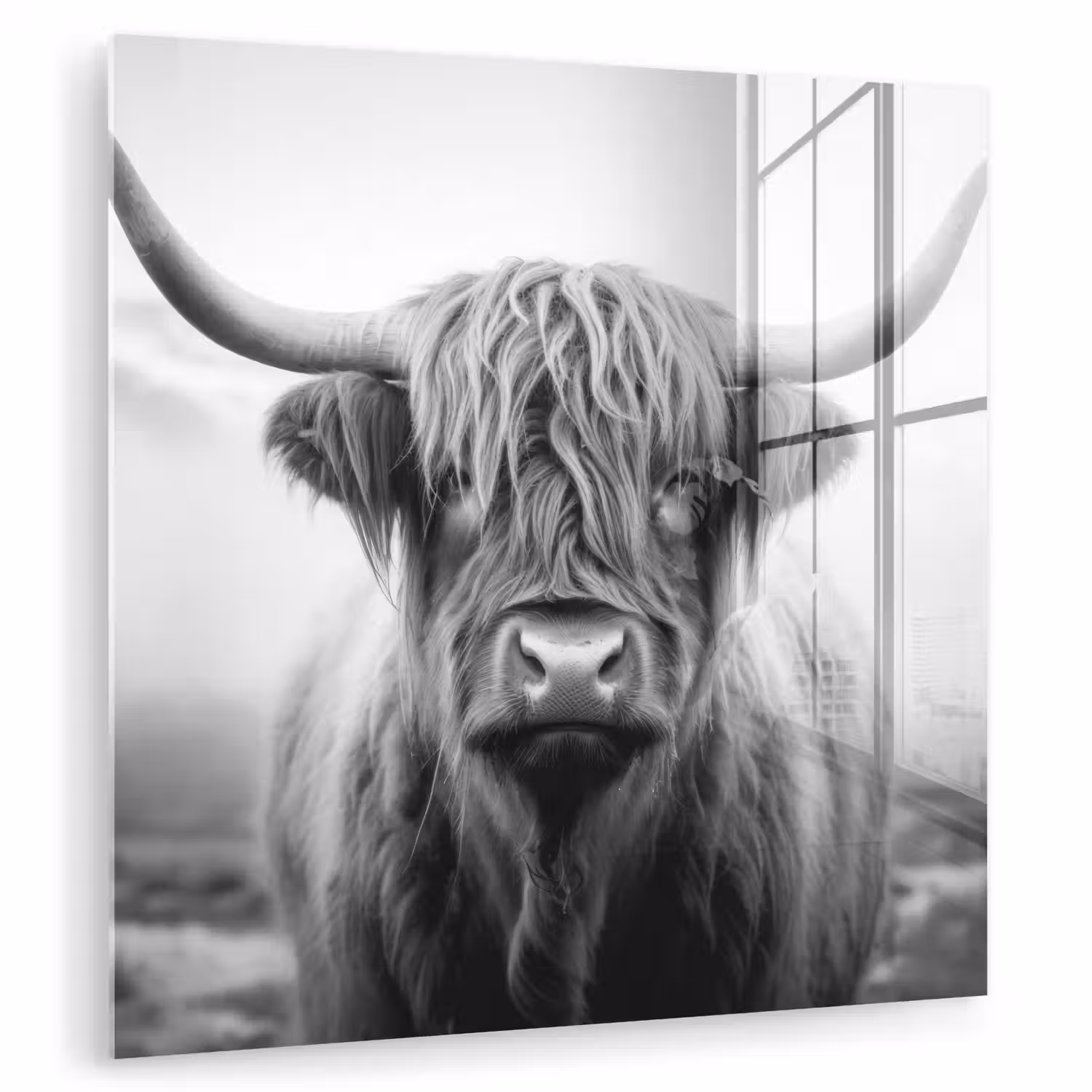 Schotse hooglander - Mist - Zwart - Wit plexiglas 5mm klein -zzzproduct_nieuw