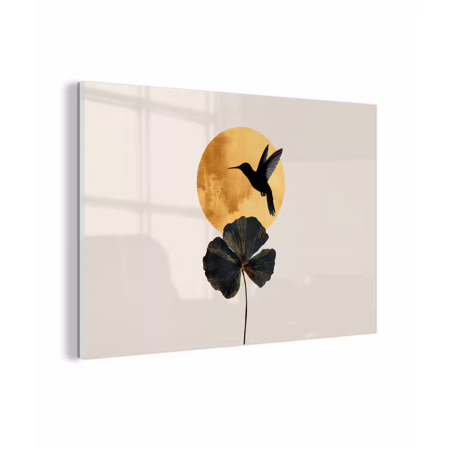 Zwarte kolibrie - Bloem - Gouden cirkel plexiglas 5mm klein -zzzproduct_nieuw