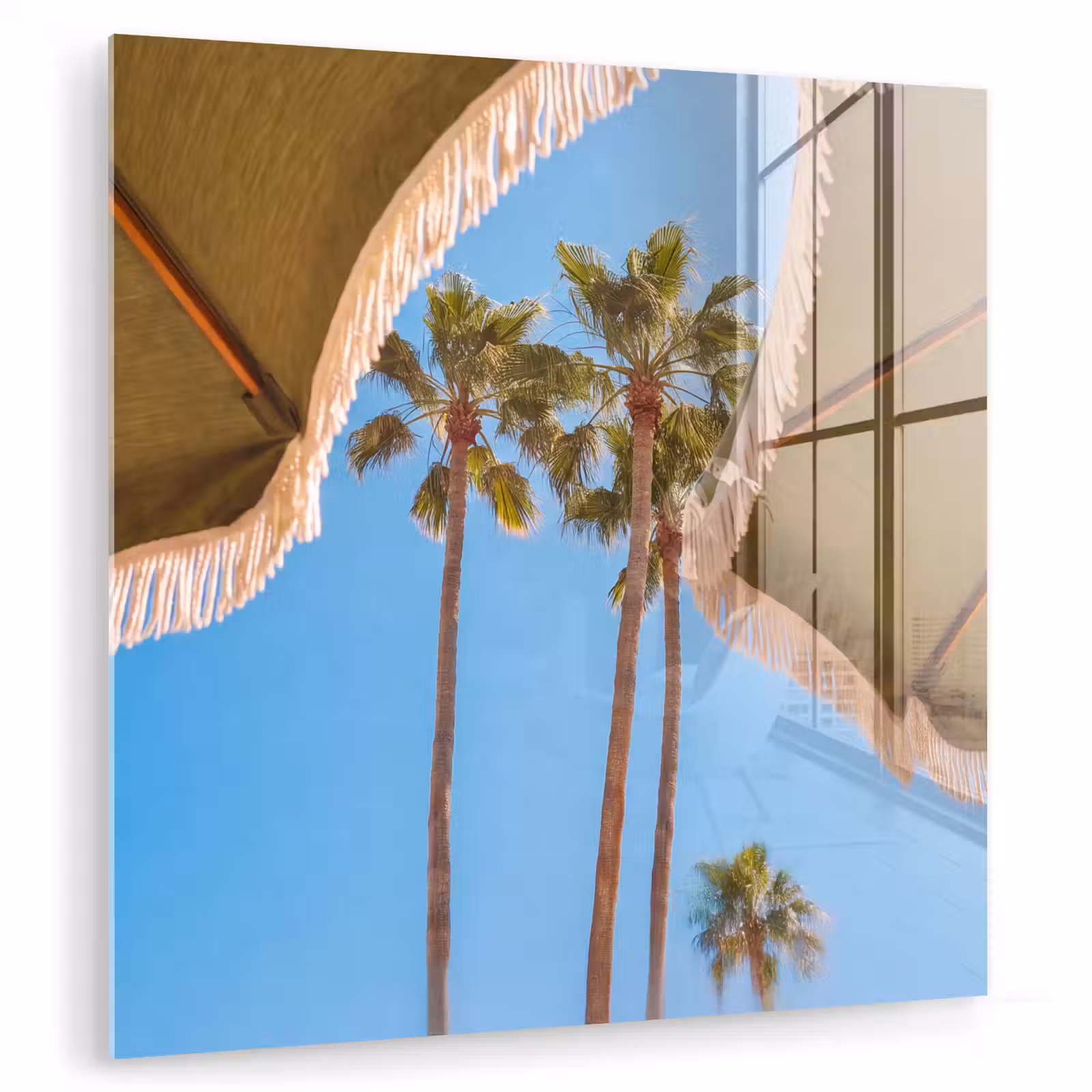 Glasbild - Sonnenschirm – Grün – Fransen – Sommer – Tropisch - Parasol - Groen - Franjes - Zomer - Tropisch plexiglas 5mm klein