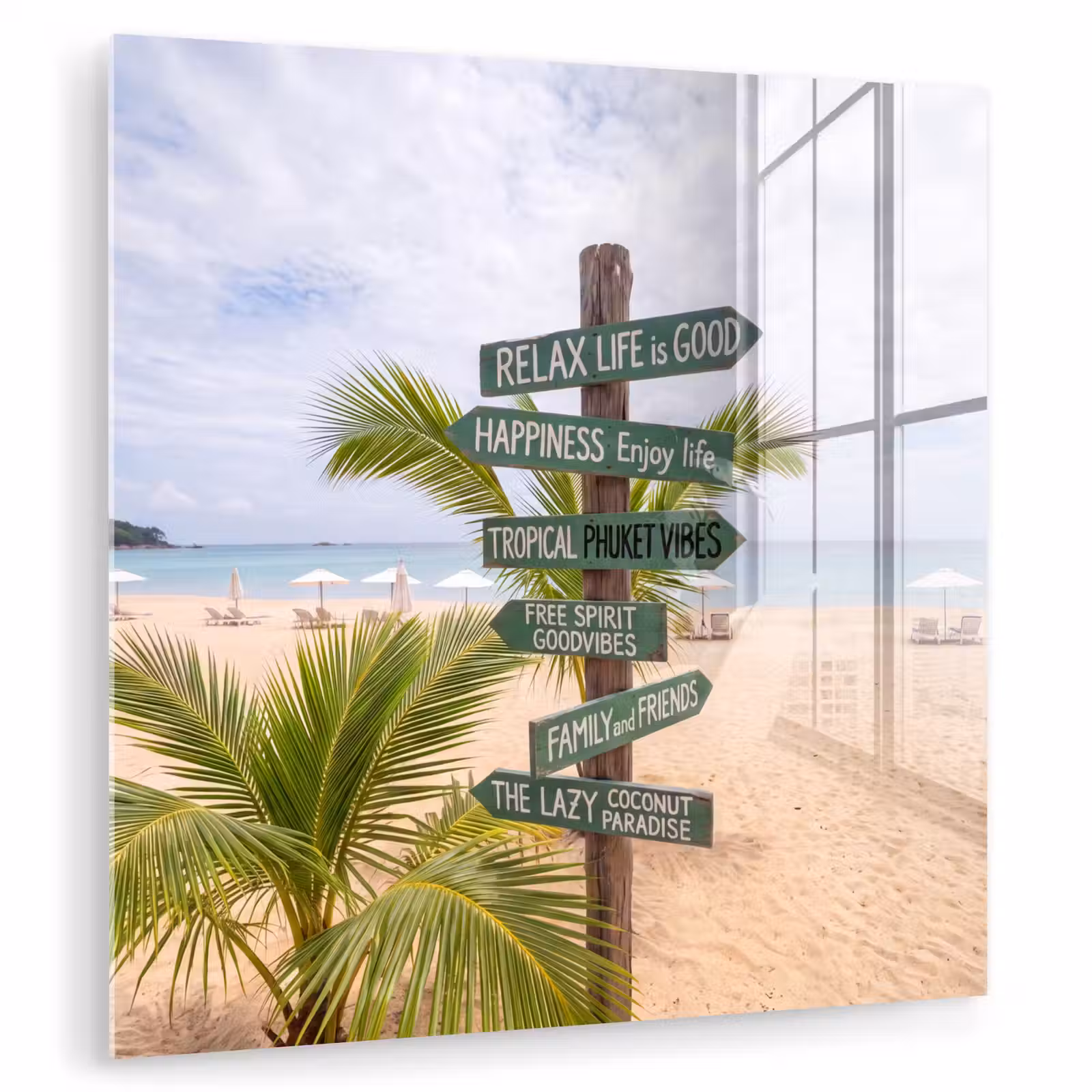 Glasbild - Strand – Wegweiser – Palmen – Tropisch – Grün - Strand - Wegwijzer - Palmen - Tropisch - Groen plexiglas 5mm klein