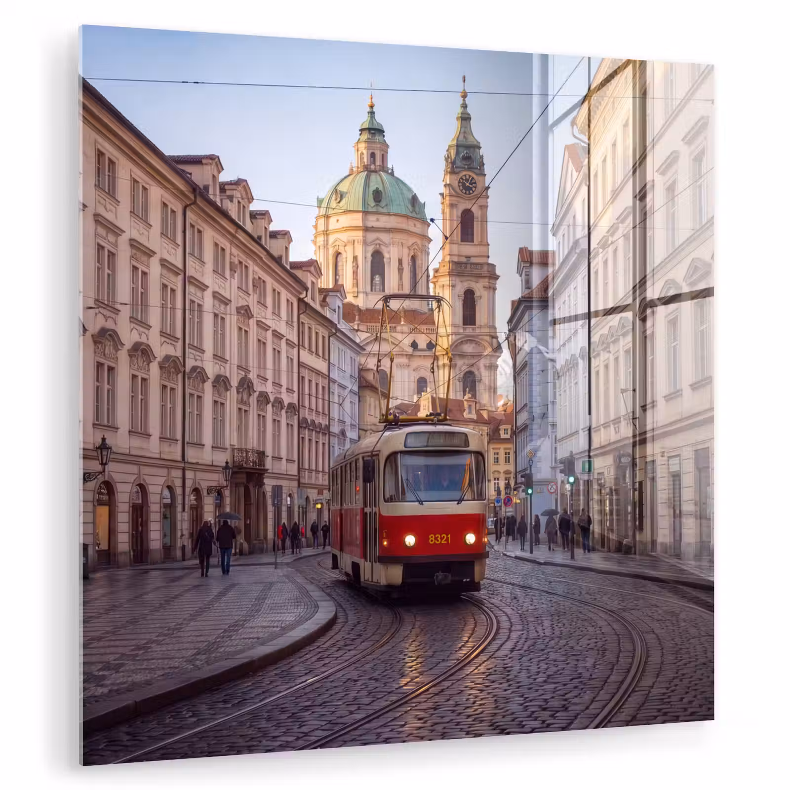 Glasbild - Straßenbahn – Straße – Stadtansicht – Klassisch – Rot - Tram - Straat - Stadsgezicht - Klassiek - Rood plexiglas 5mm klein