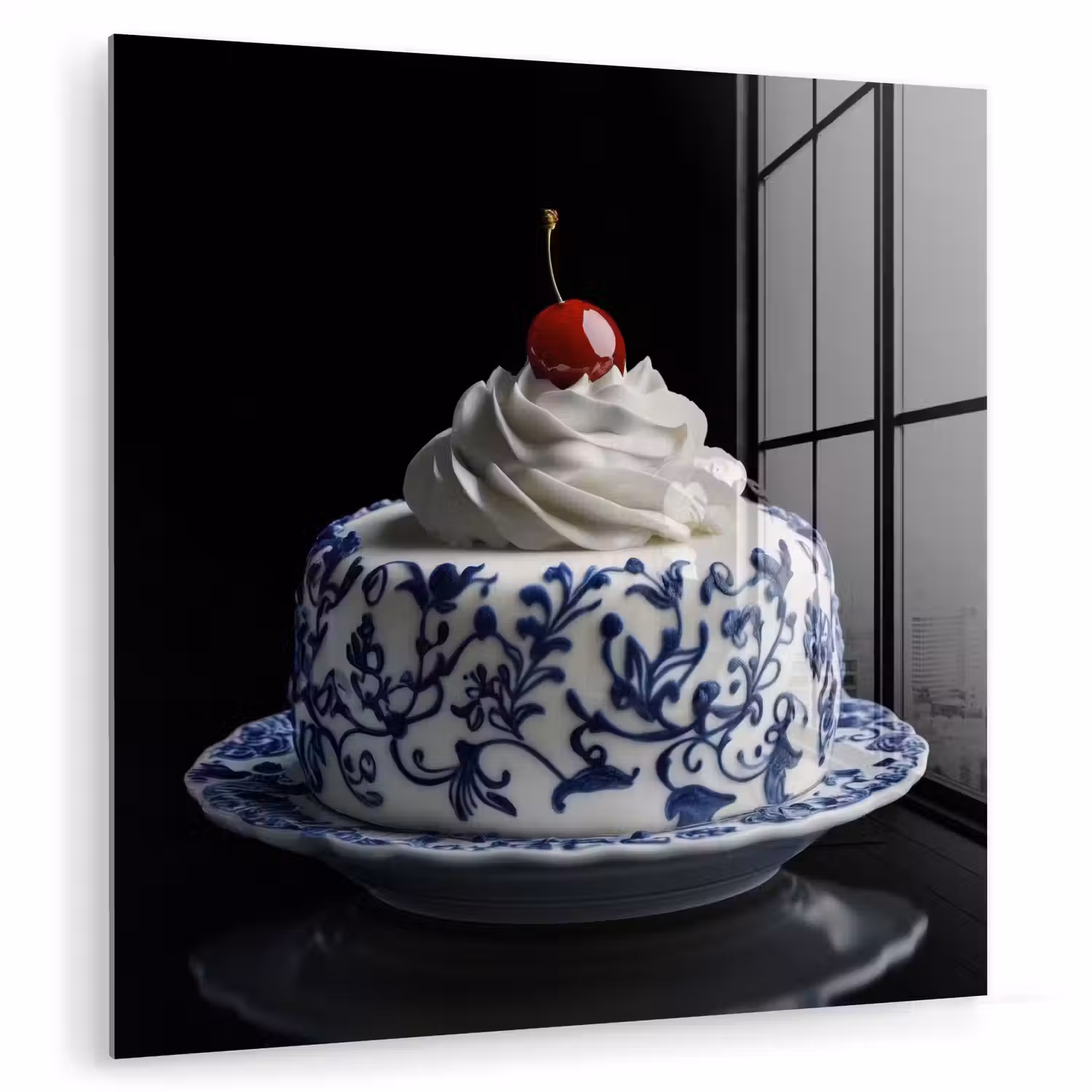 Taart - Slagroom - Kers - Bord - Delfts blauw plexiglas 5mm klein -zzzproduct_nieuw