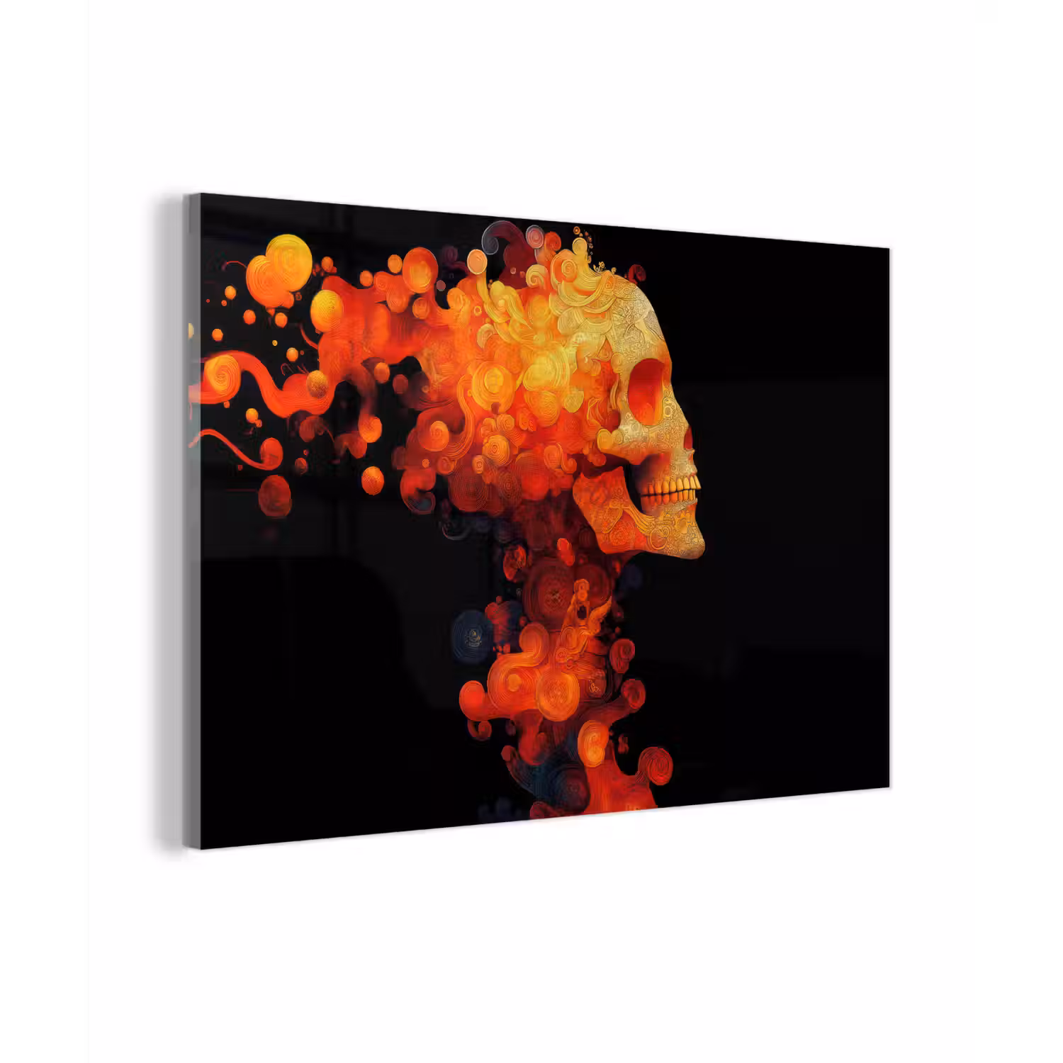 Schedel - Oranje - Zijaanzicht - Vlammen plexiglas 5mm klein -zzzproduct_nieuw