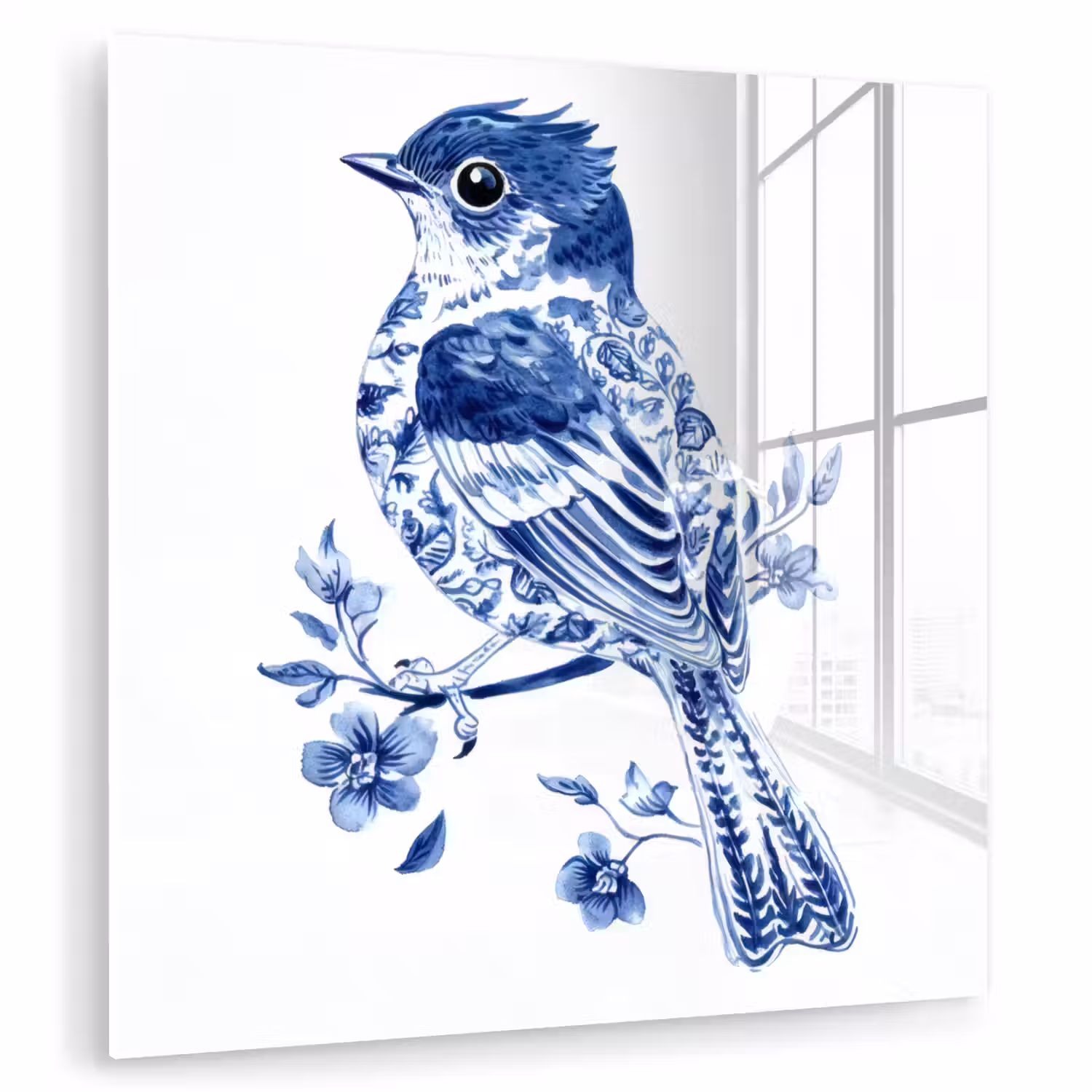 Vogel - Delfts blauw - Illustratie - Bloemen plexiglas 5mm klein -zzzproduct_nieuw