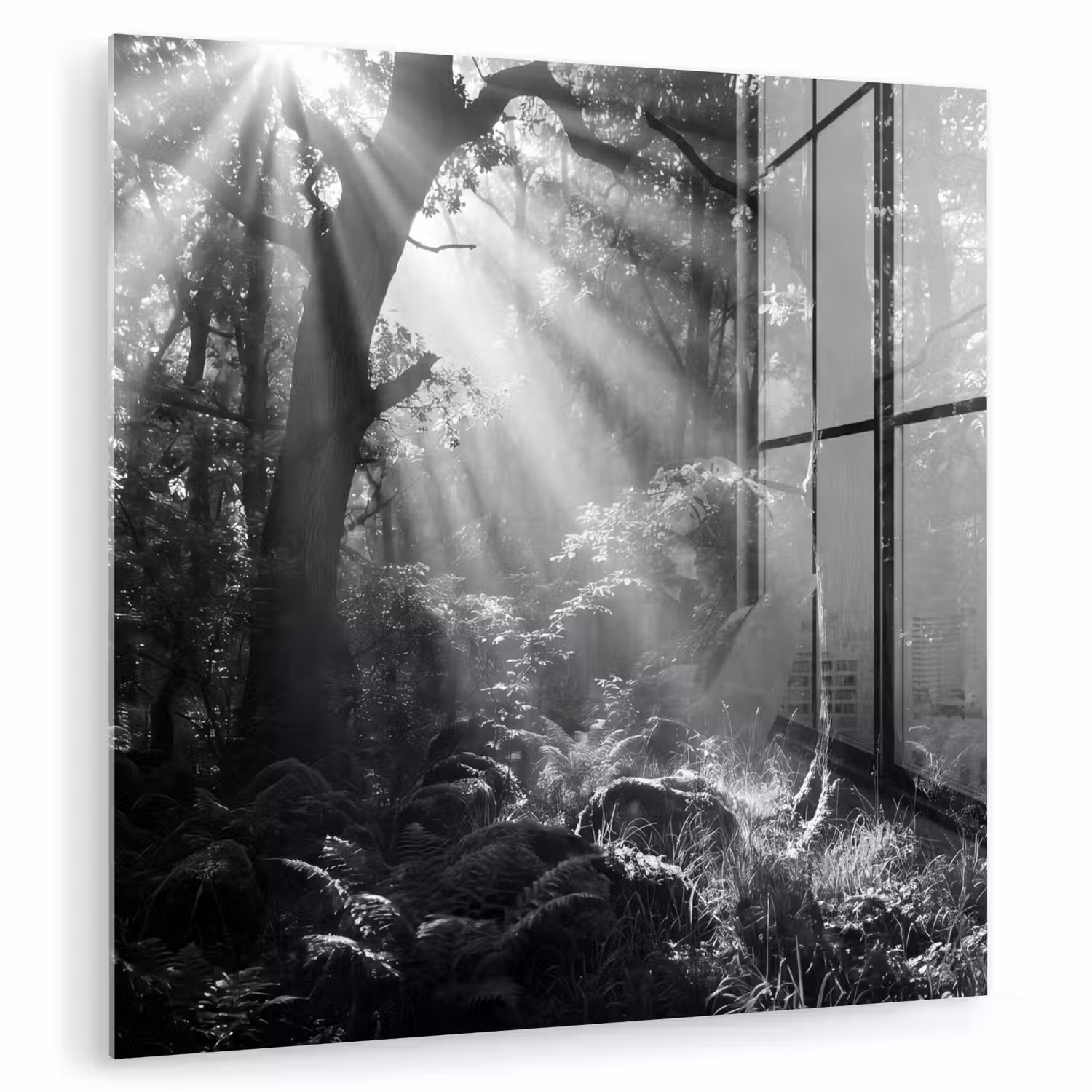 Bos - Lichtstralen - Natuur - Zwart-wit plexiglas 5mm klein -zzzproduct_nieuw