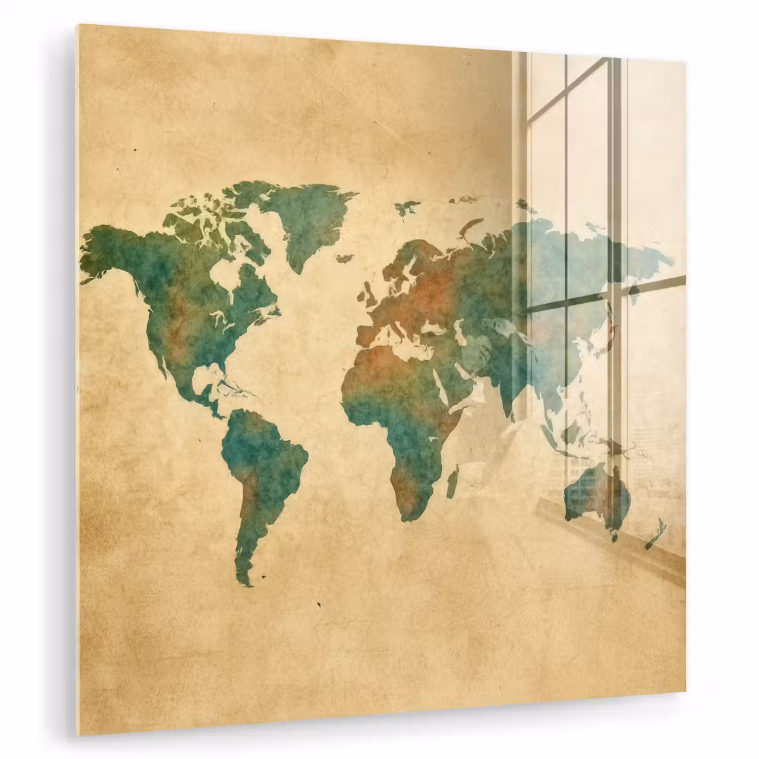 Wereldkaart - Aquarelstijl - Oud papier plexiglas 5mm klein -zzzproduct_nieuw