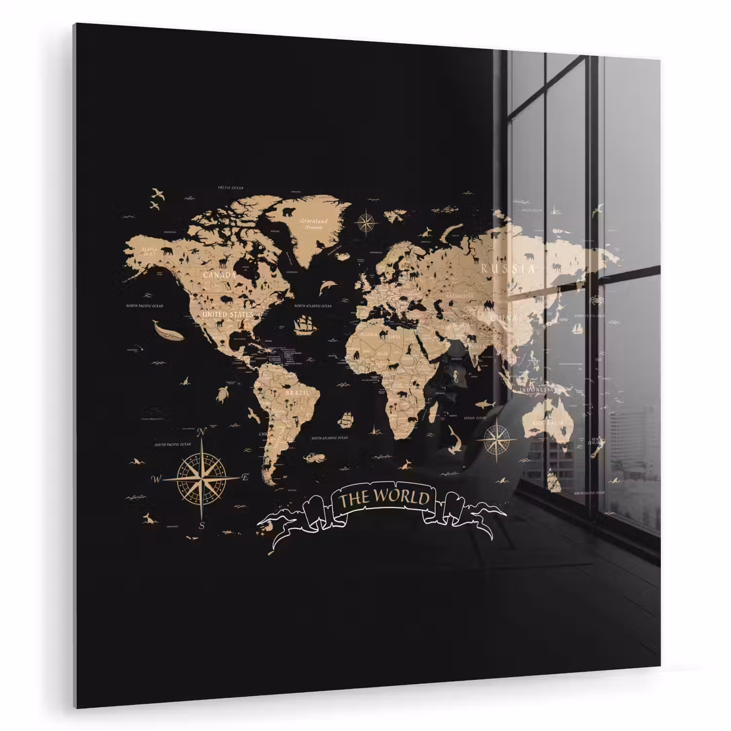 Wereldkaart - Beige - Zwart plexiglas 5mm klein -zzzproduct_nieuw