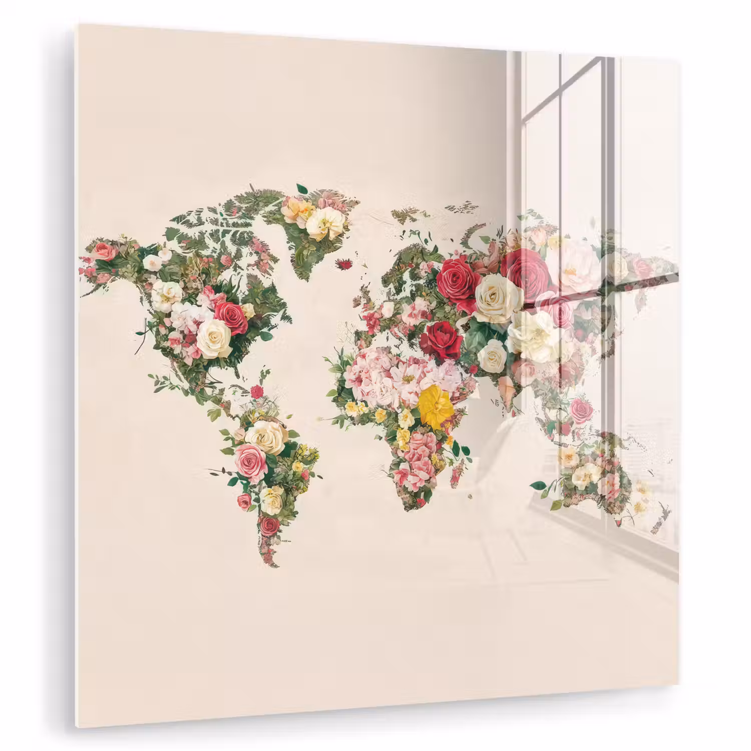 Wereldkaart - Bloemen - Roze plexiglas 5mm klein -zzzproduct_nieuw