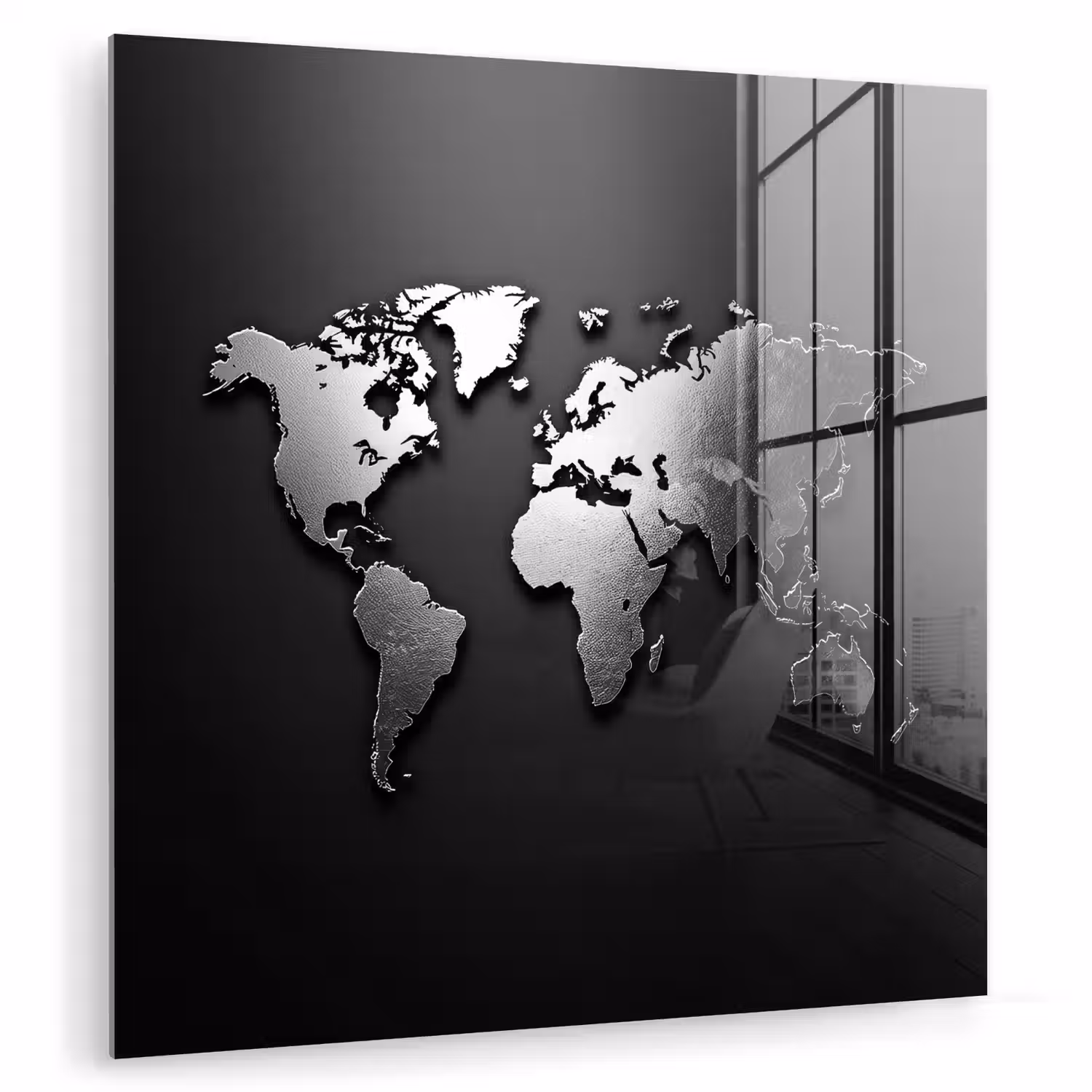 Wereldkaart - Chrome - Zilver - Zwart plexiglas 5mm klein -zzzproduct_nieuw